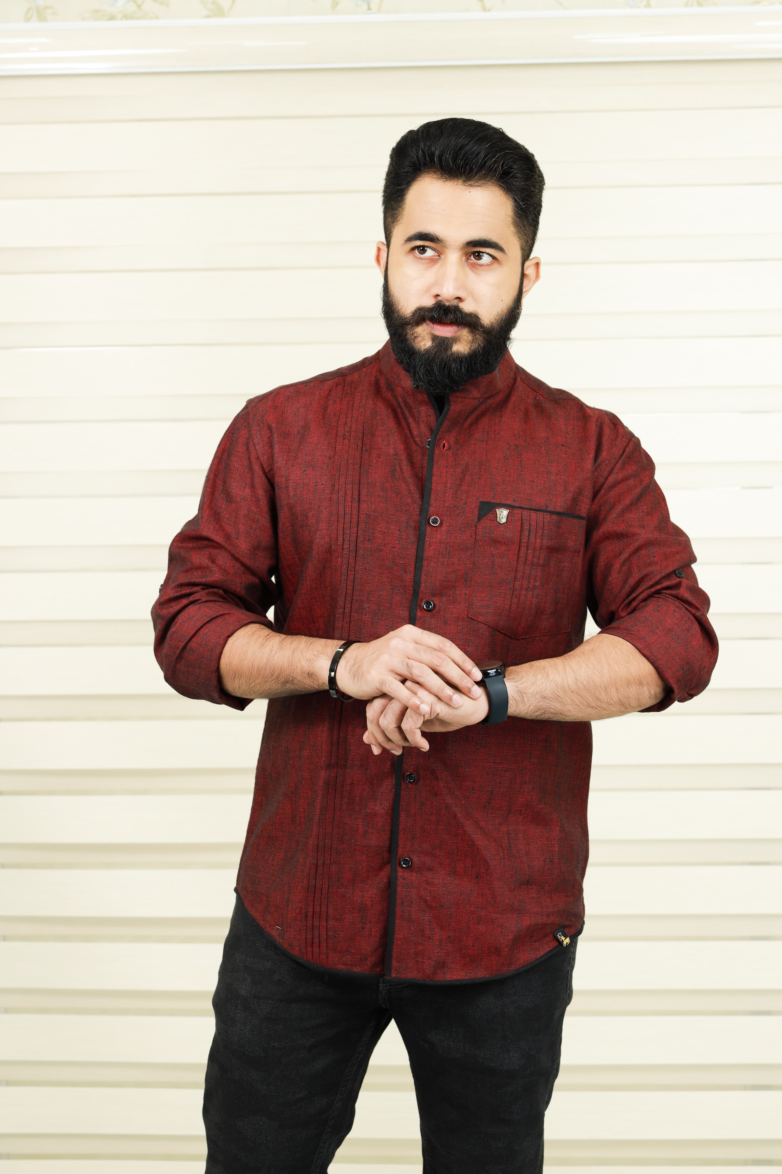 Garnet Maroon Red Linen Shirt with Black Pipping Detail on Placket & Pocket (Only Shirt)