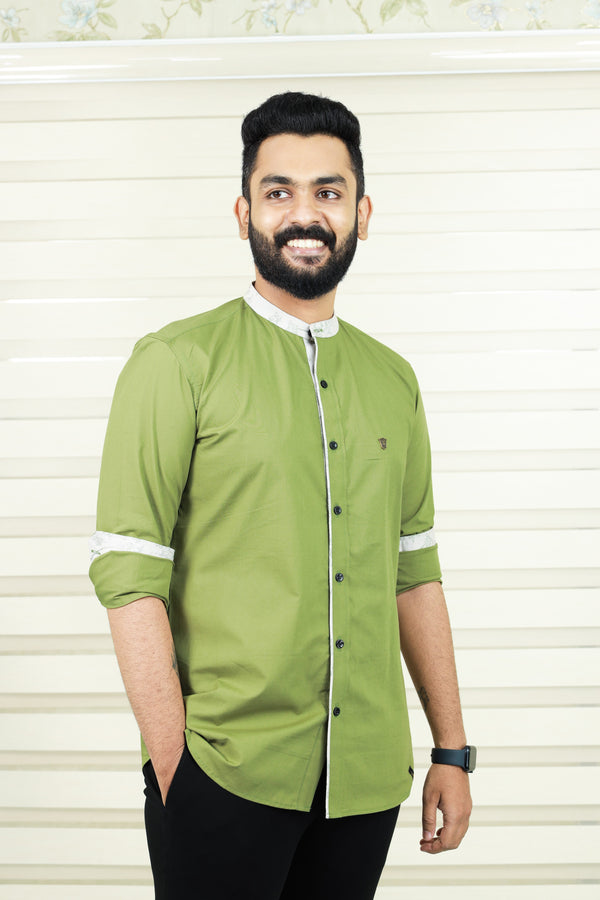 Moss Green Chinese Collar Shirt With Print Detailing on Neck, Placket & Cuff (Only Shirt)