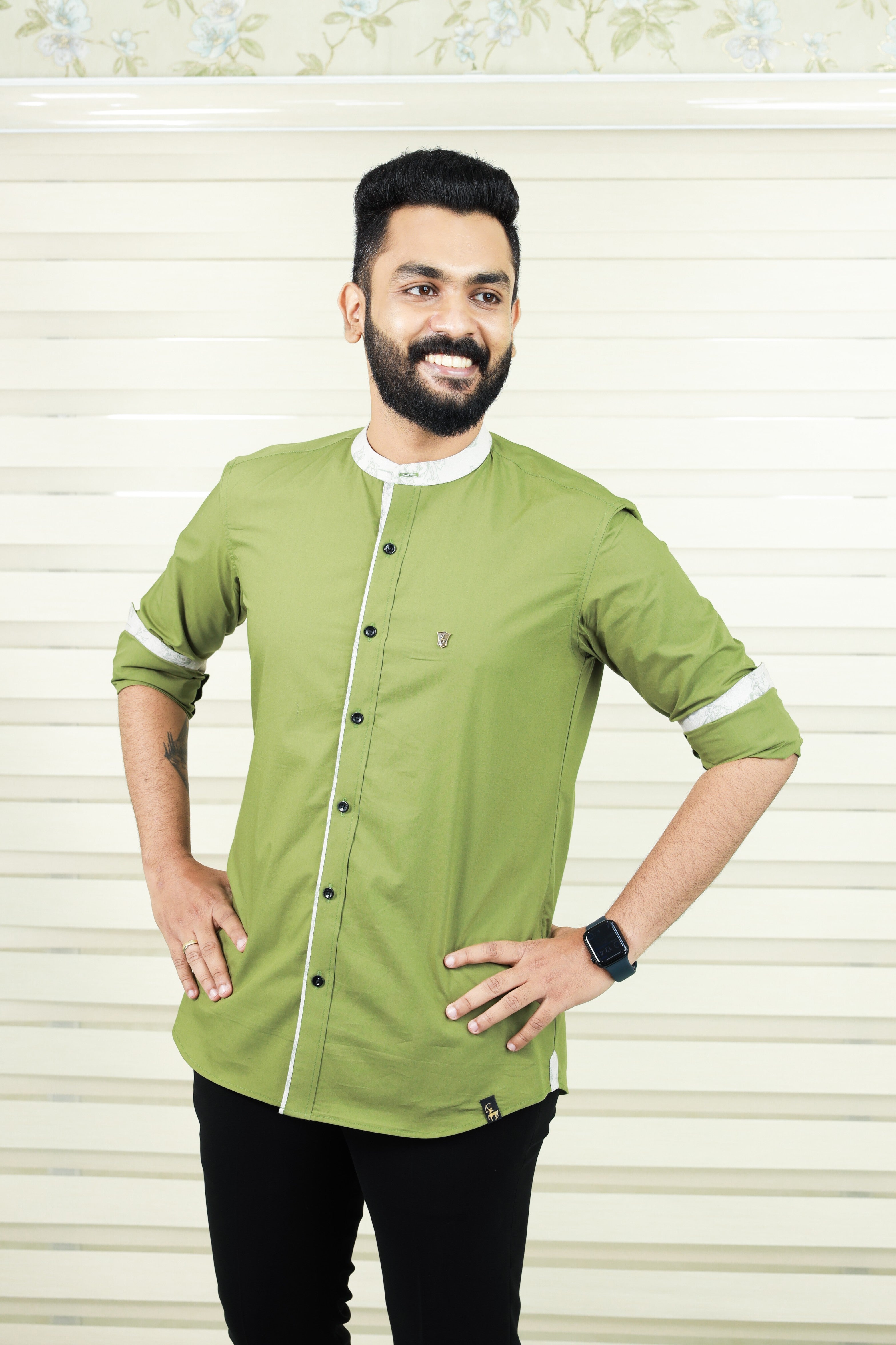 Moss Green Chinese Collar Shirt With Print Detailing on Neck, Placket & Cuff (Only Shirt)