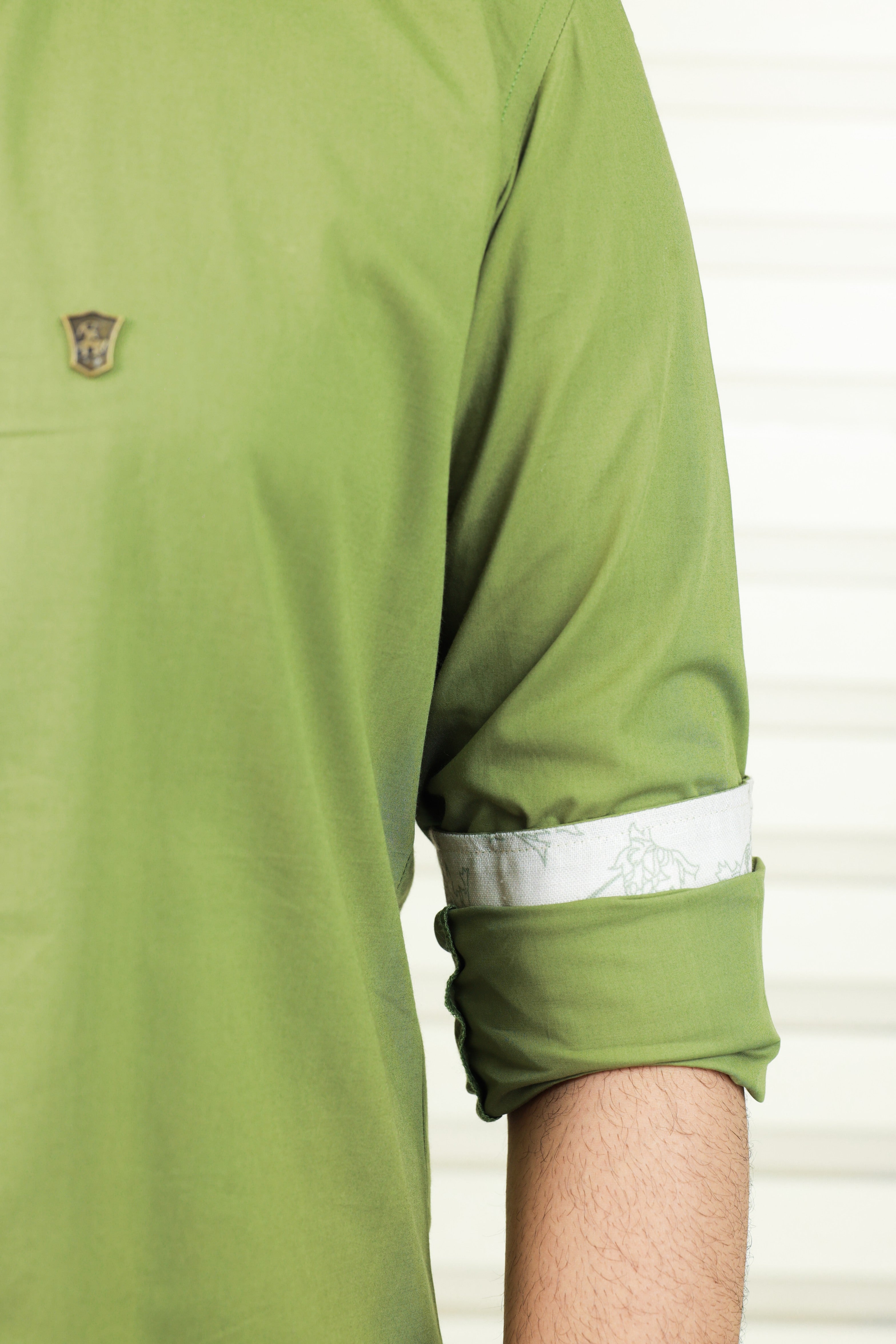 Moss Green Chinese Collar Shirt With Print Detailing on Neck, Placket & Cuff (Only Shirt)