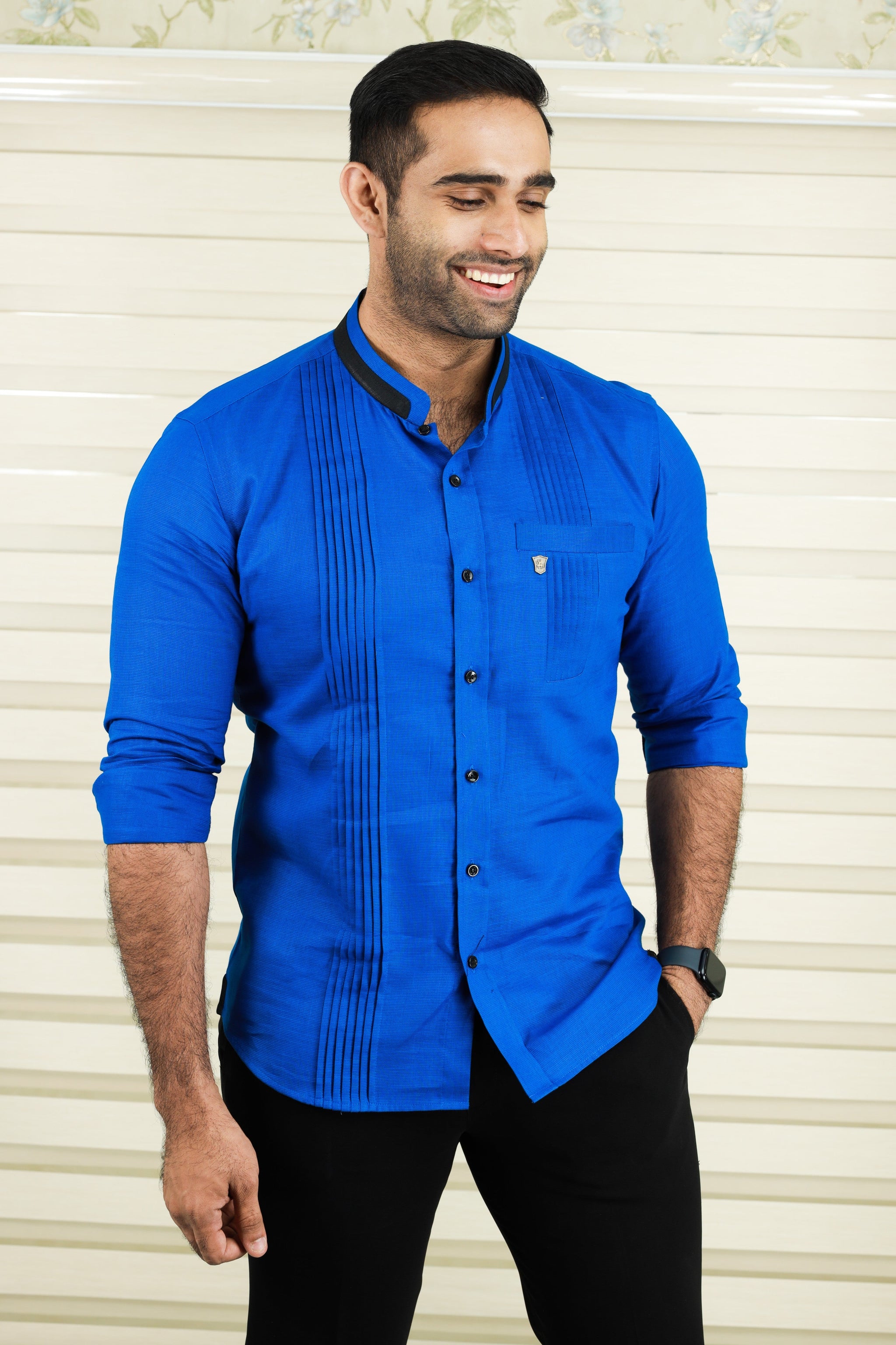 Cobalt Blue Shirt with Vertical Pleat Detail (Shirt + Black Pants) Cobalt Blue Shirt with Vertical Pleat Detail (Shirt + Black Pants)