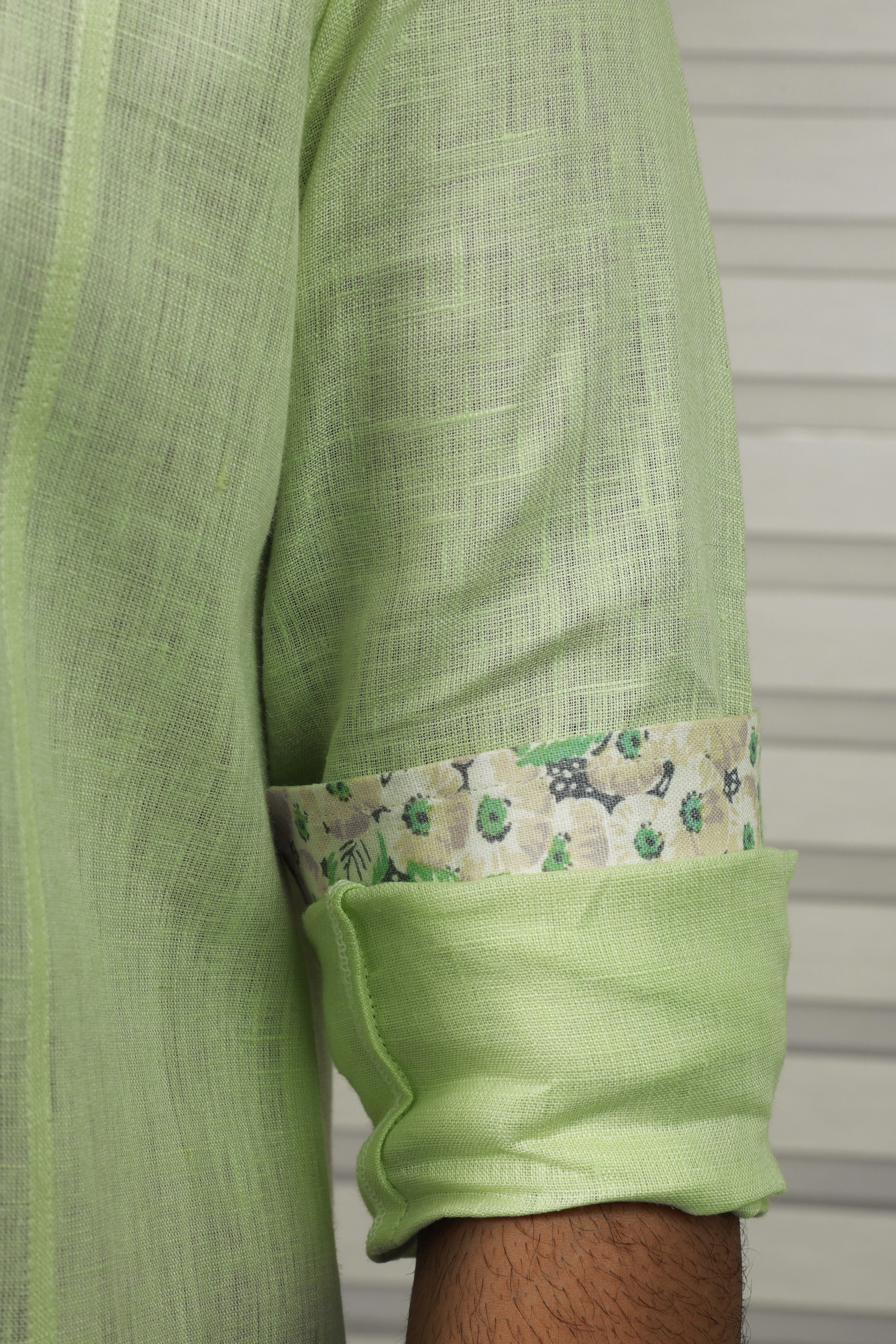 Sage Green Chinese Collar Shirt with Print Detailing on Placket & Cuff