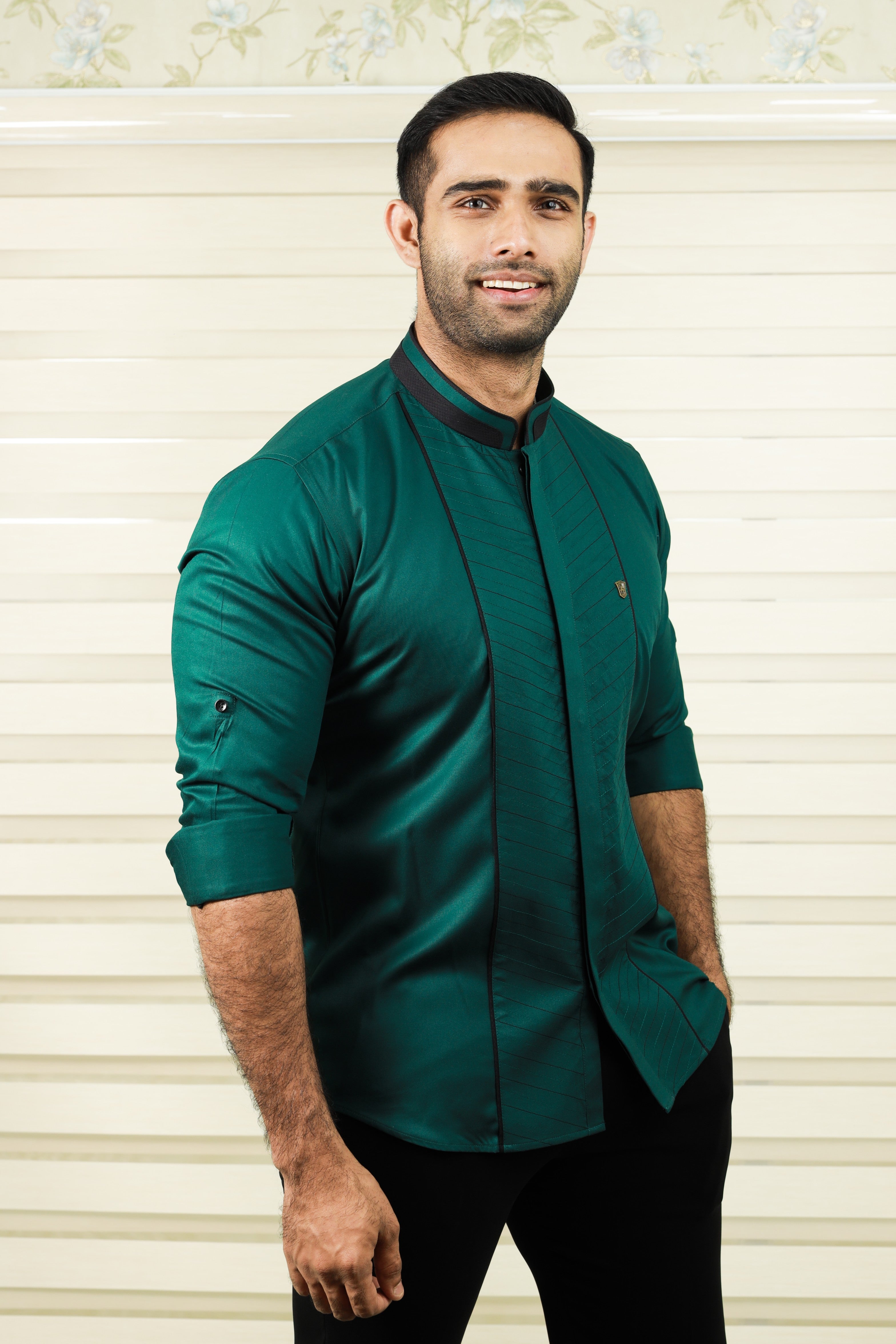 Castleton Green Shirt with Diagonal Tucks With Black Contrast Stitch Detailing (Shirt + Black Pants)