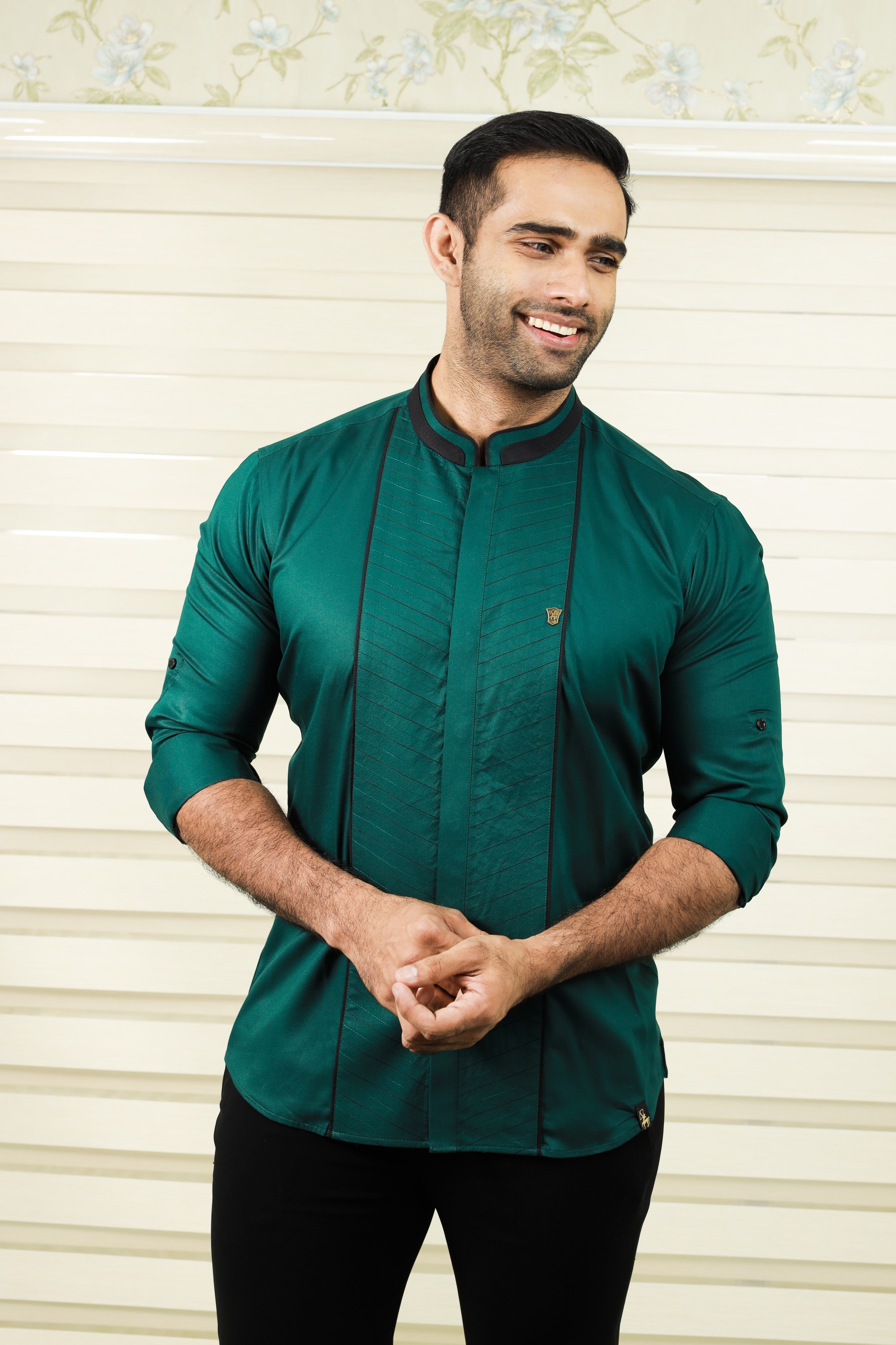 Castleton Green Shirt with Diagonal Tucks With Black Contrast Stitch Detailing (Shirt + Black Pants)