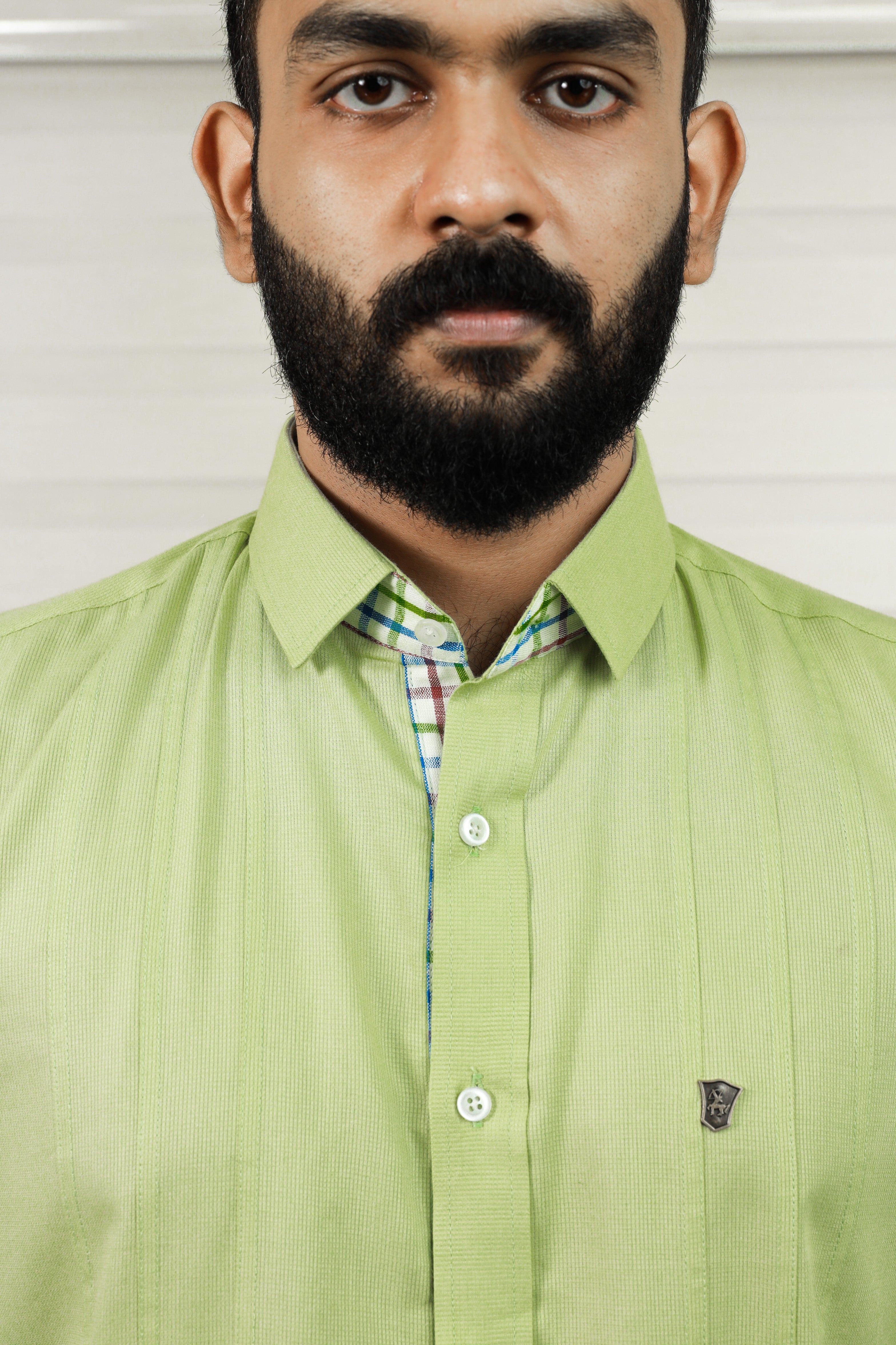 Pista Green Cutaway Collar Shirt With Check Detailing on Placket & Cuff (Only Shirt)