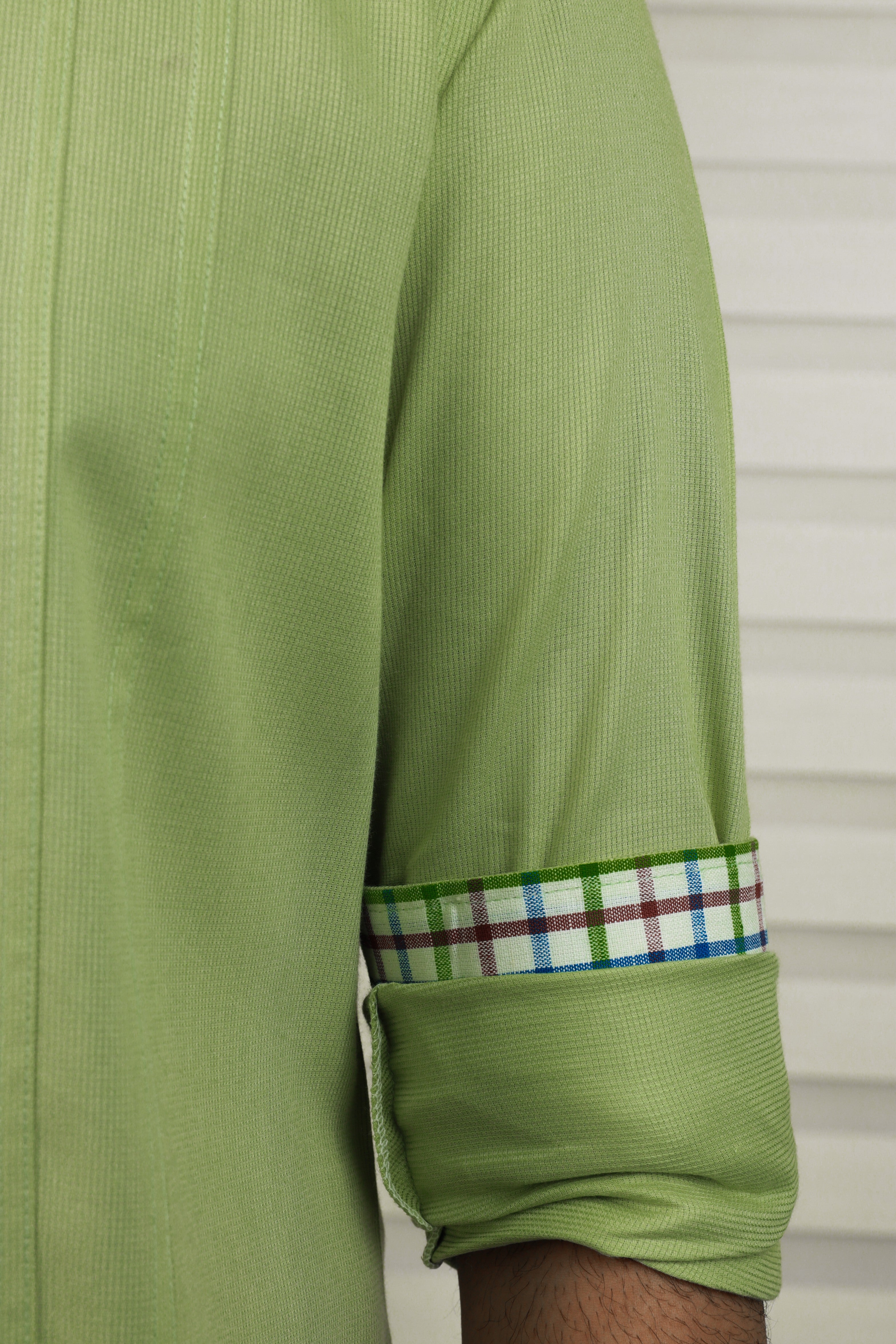 Pista Green Cutaway Collar Shirt With Check Detailing on Placket & Cuff (Only Shirt)
