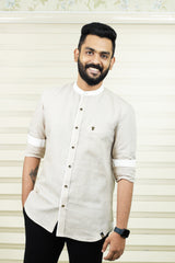 Stone Biege Chinese Collar Shirt  White Contrast Detailing on Neck, Placket & Cuff (Only Shirt)