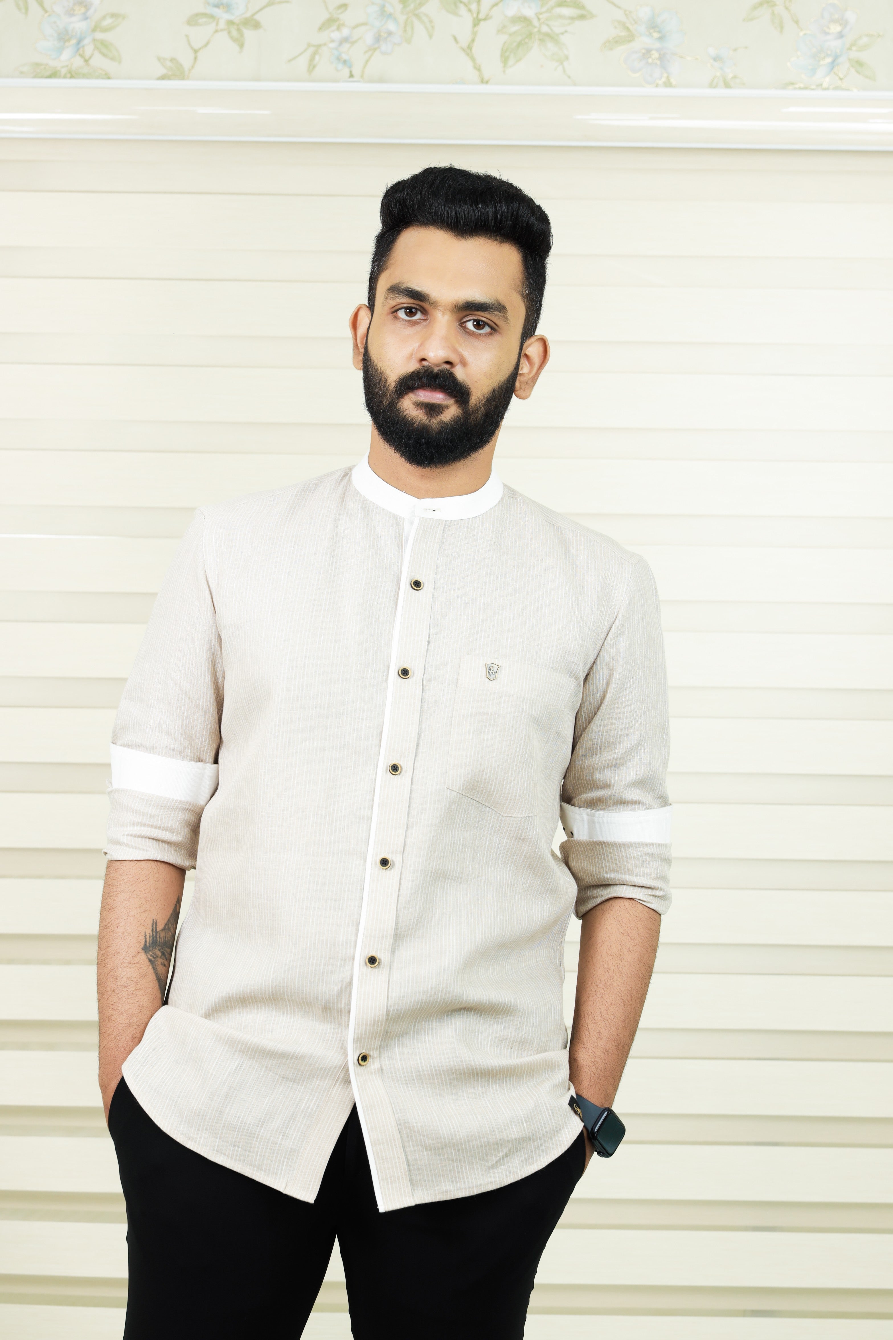 Stone Biege Chinese Collar Shirt White Contrast Detailing on Neck, Placket & Cuff (Only Shirt)