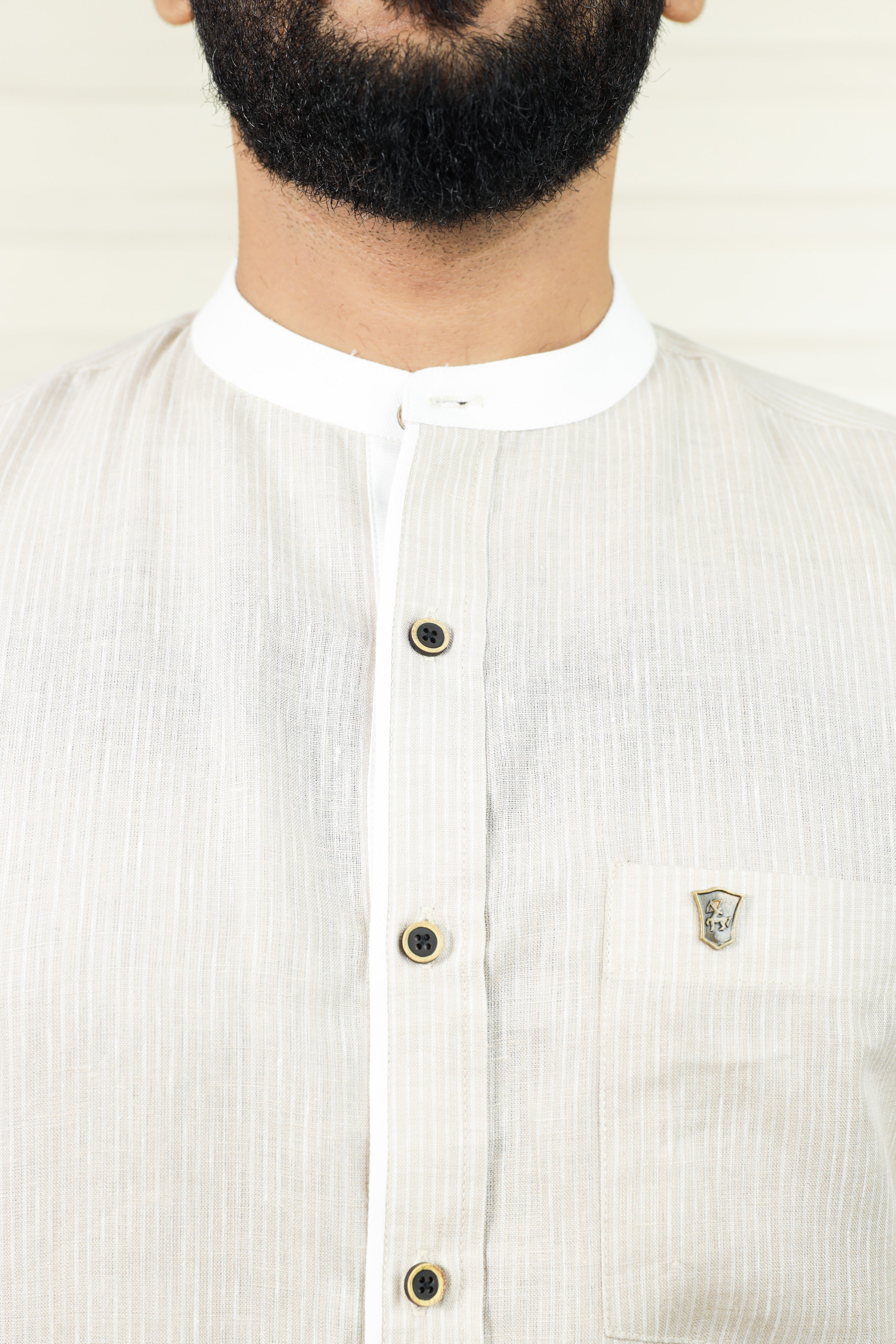 Stone Biege Chinese Collar Shirt White Contrast Detailing on Neck, Placket & Cuff (Only Shirt)