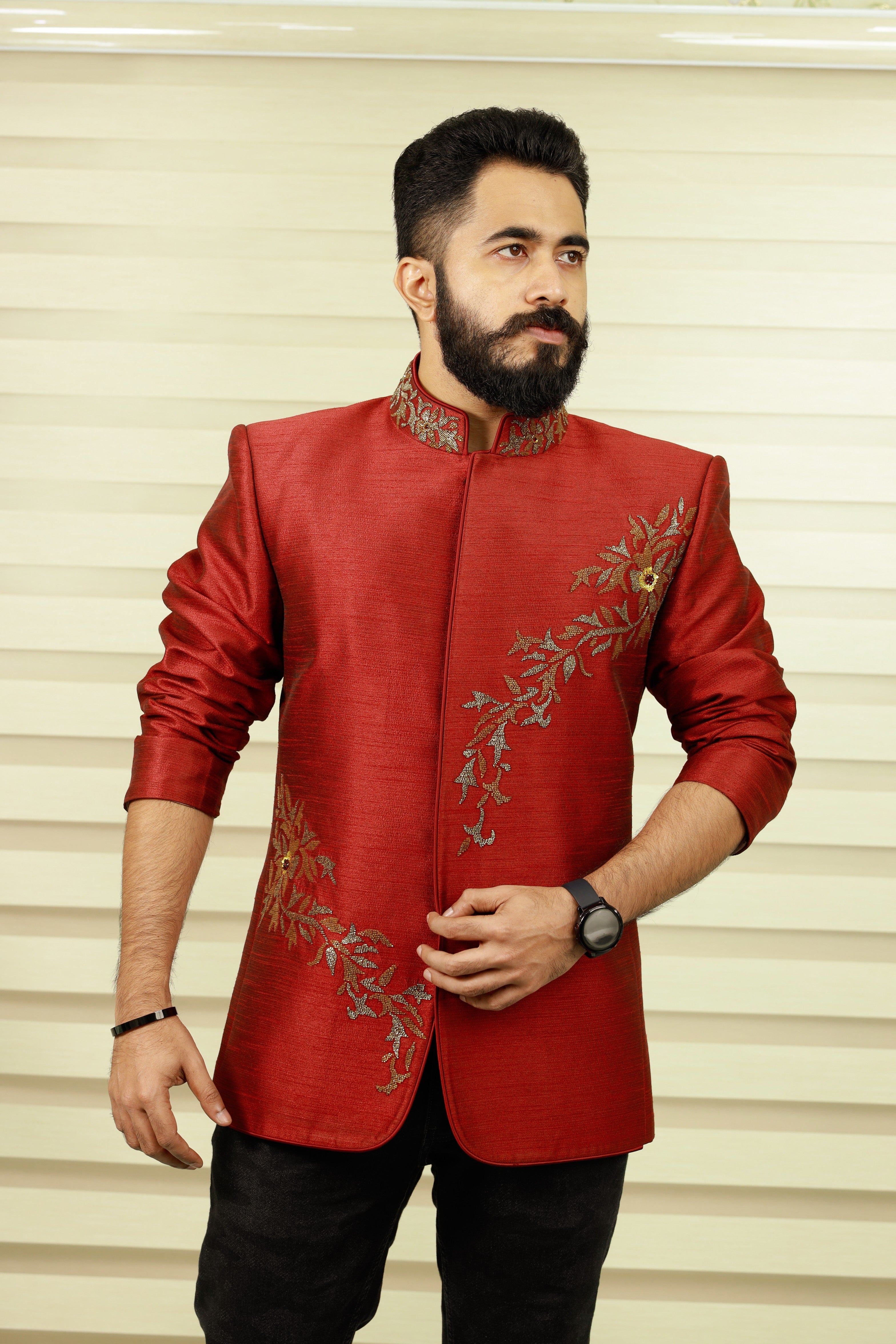 Maroon Red Indo Western Bandhgala Suit with Golden Handwork Detailing paired Black Narrow Pants