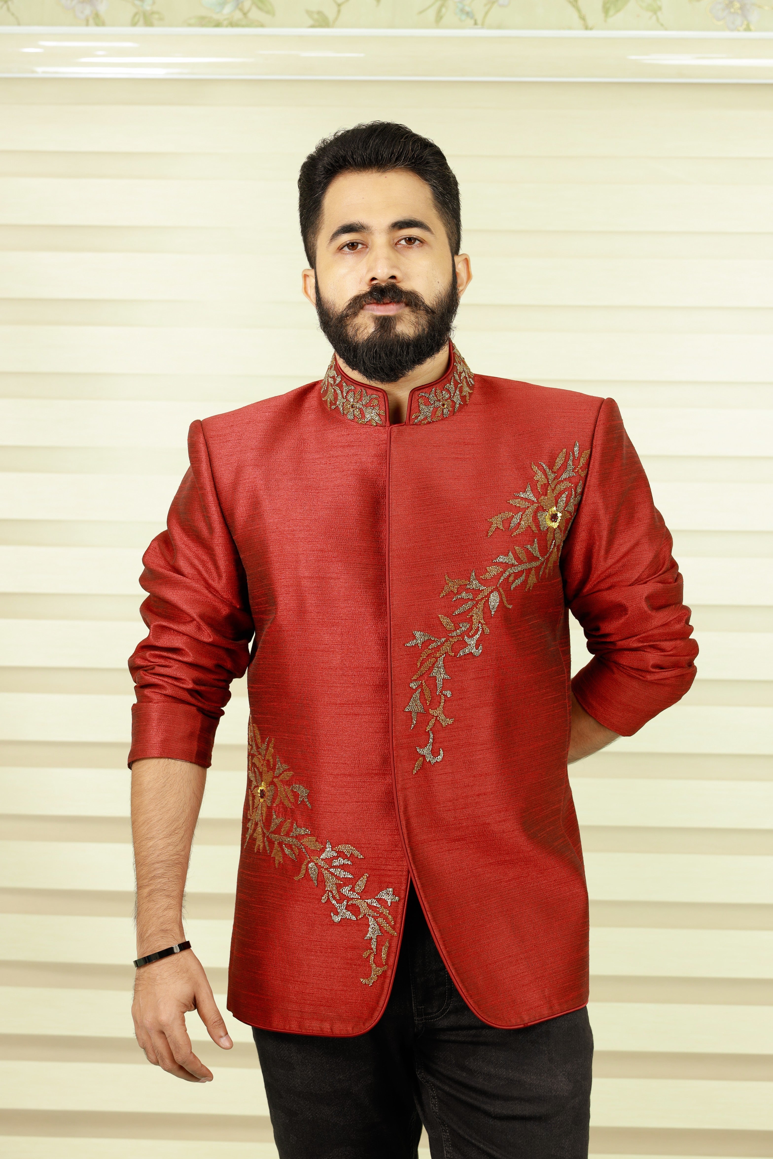 Maroon Red Indo Western Bandhgala Suit with Golden Handwork Detailing paired Black Narrow Pants