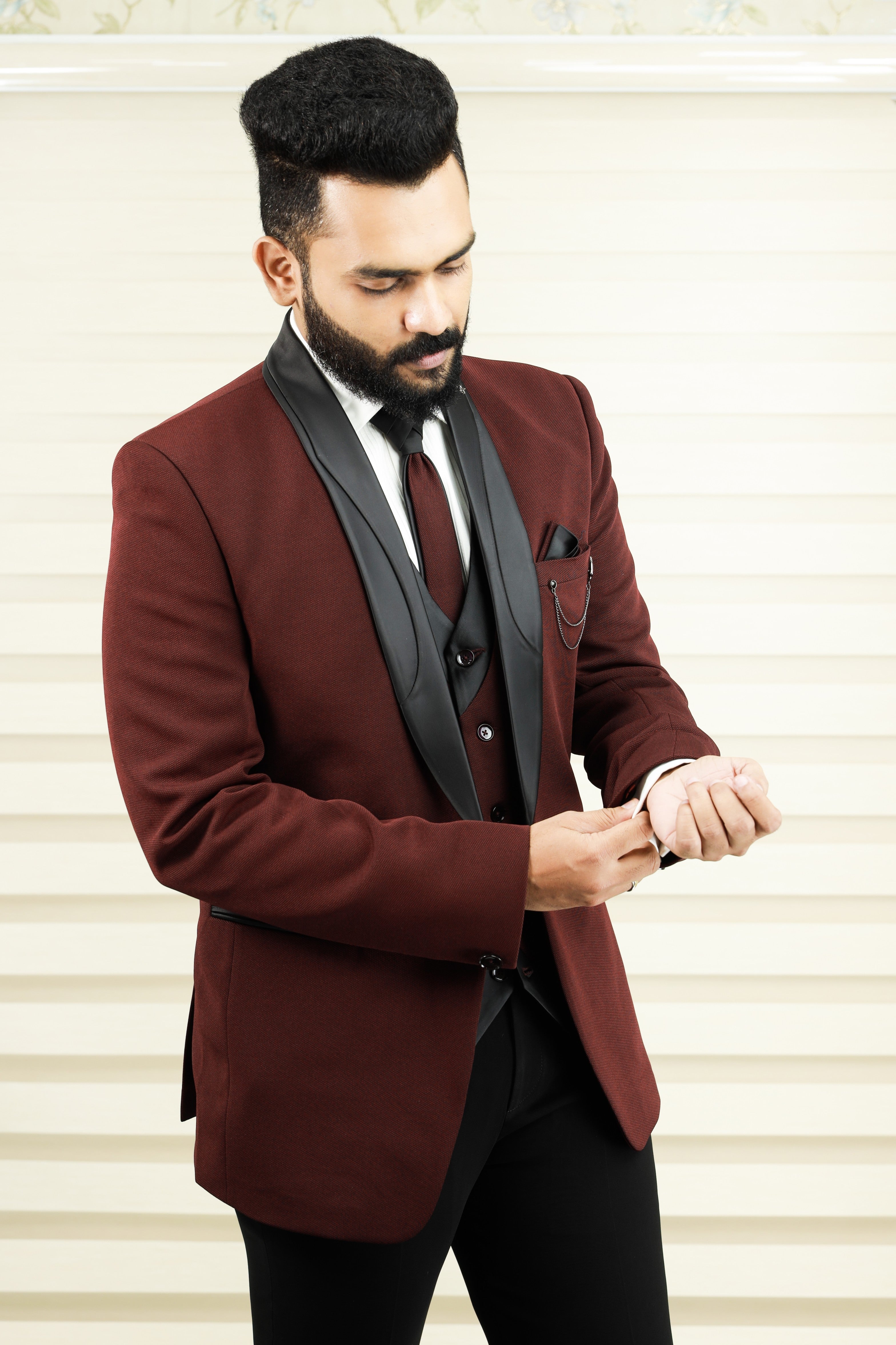 Mahogony Red 3 Piece Tuxedo Suit with Black Contrast Waistcoat & Pants