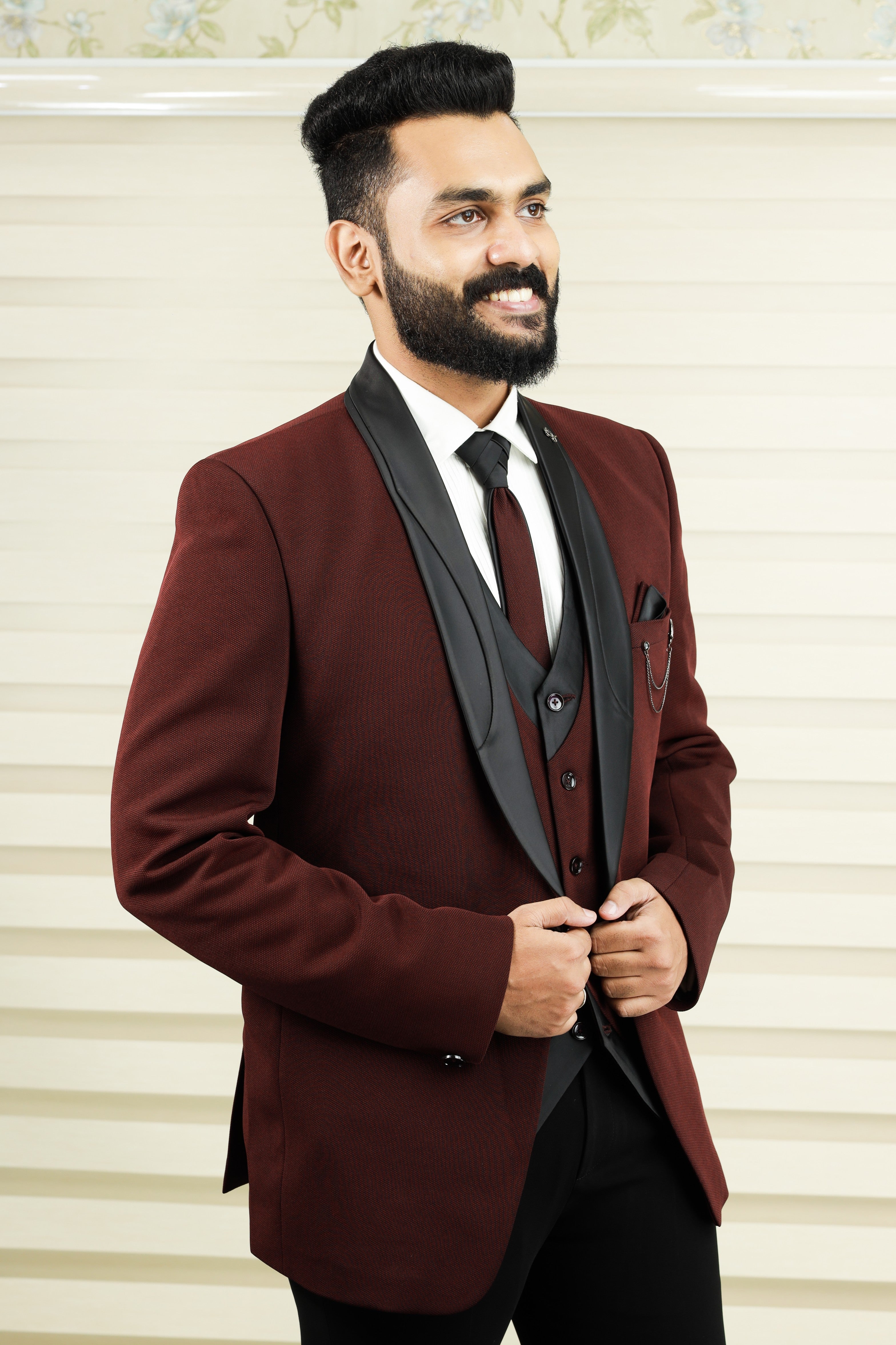 Mahogony Red 3 Piece Tuxedo Suit with Black Contrast Waistcoat & Pants