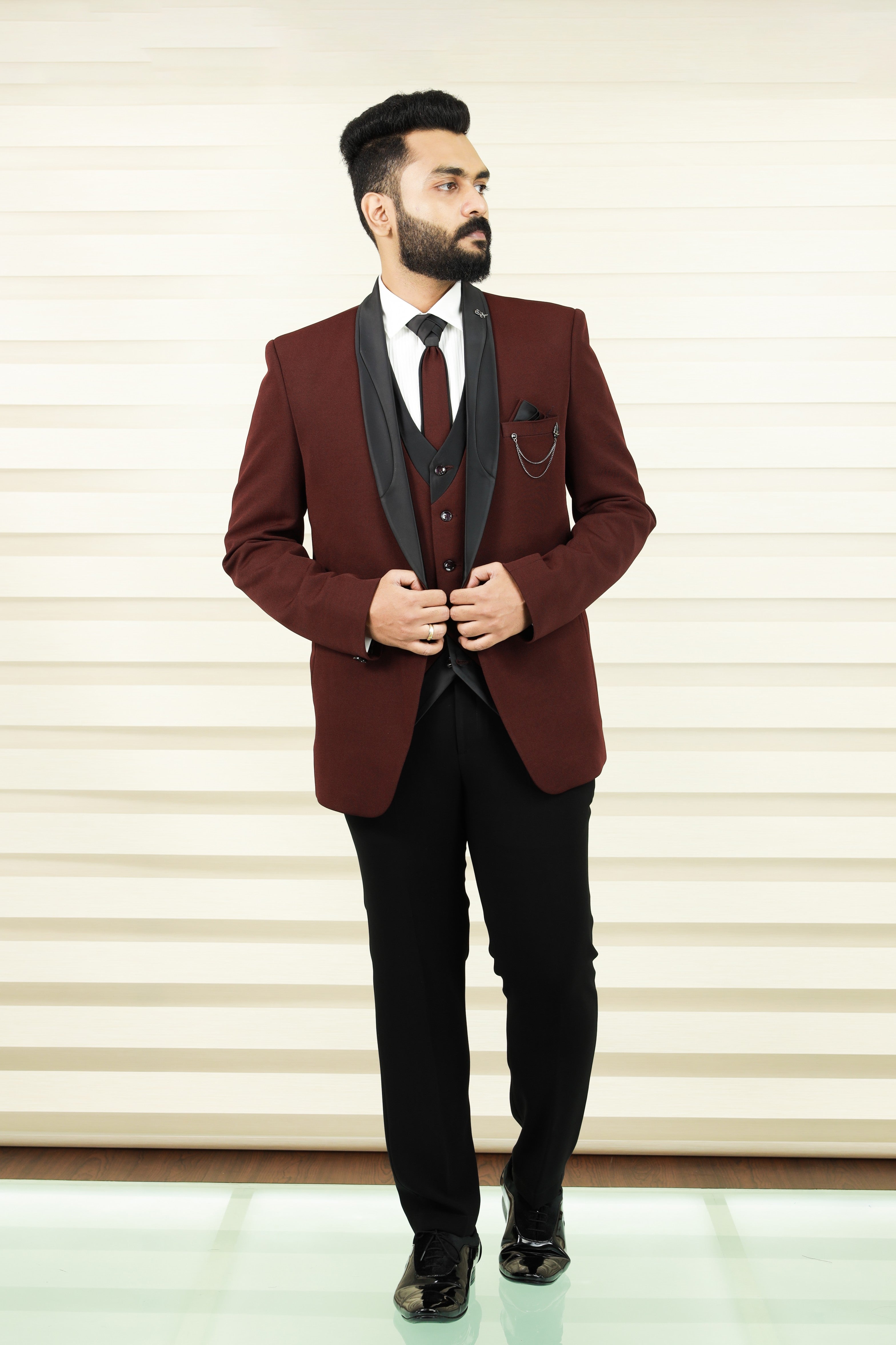 Mahogony Red 3 Piece Tuxedo Suit with Black Contrast Waistcoat & Pants