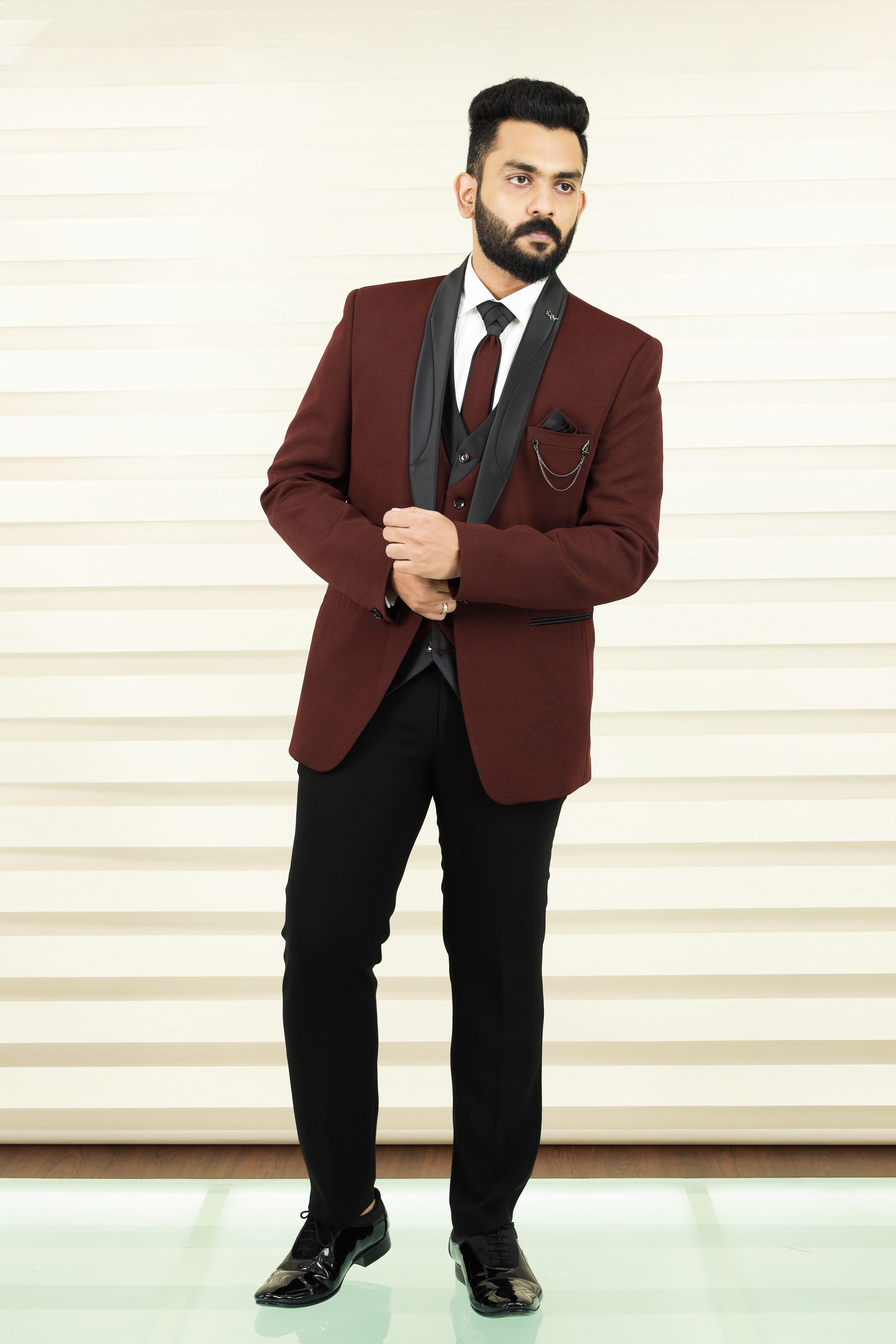 Mahogony Red 3 Piece Tuxedo Suit with Black Contrast Waistcoat & Pants