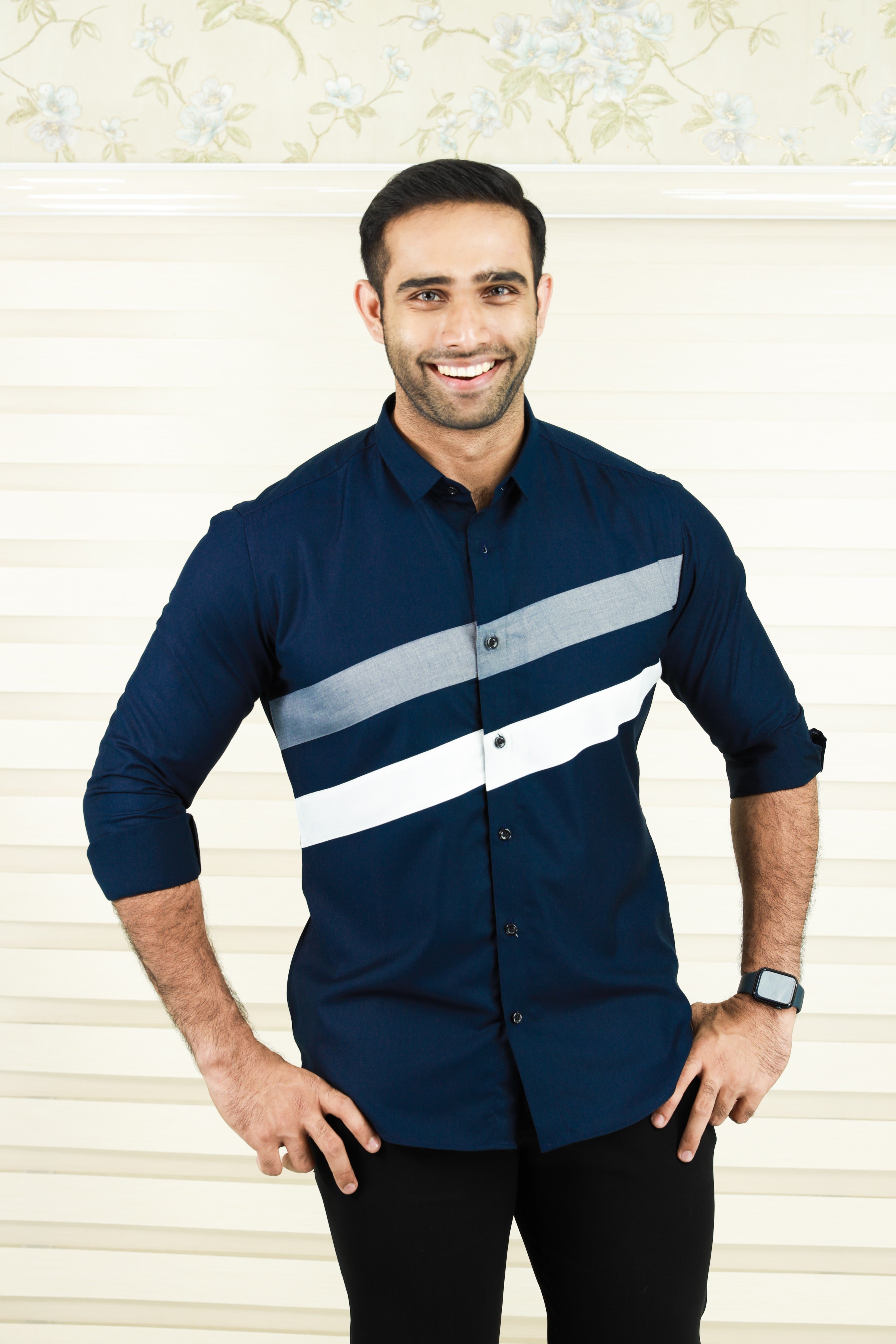 Oxford Blue Cutaway Collar Shirt with Diagonal Pattern Cut (Only Shirt)