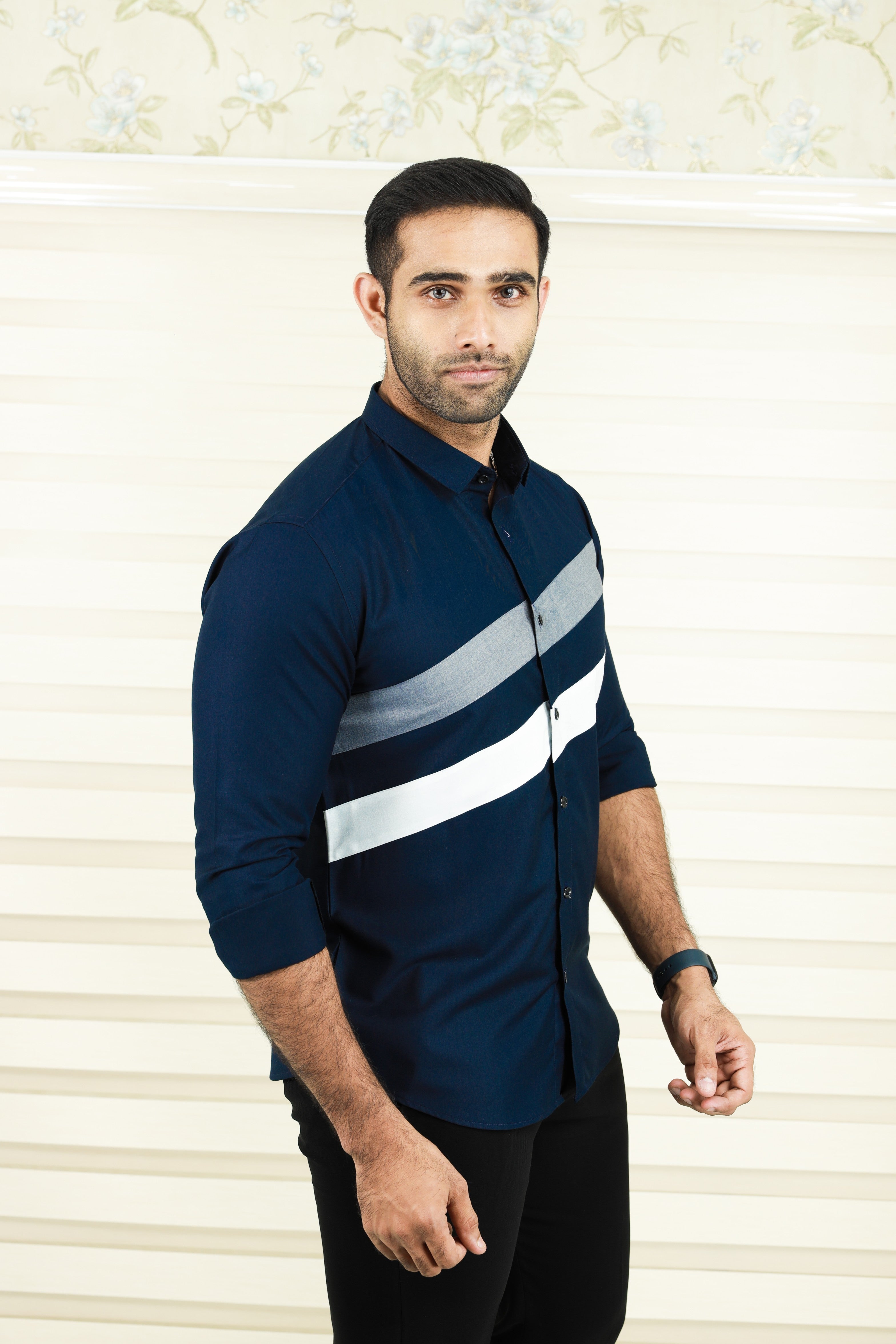 Oxford Blue Cutaway Collar Shirt with Diagonal Pattern Cut (Only Shirt)