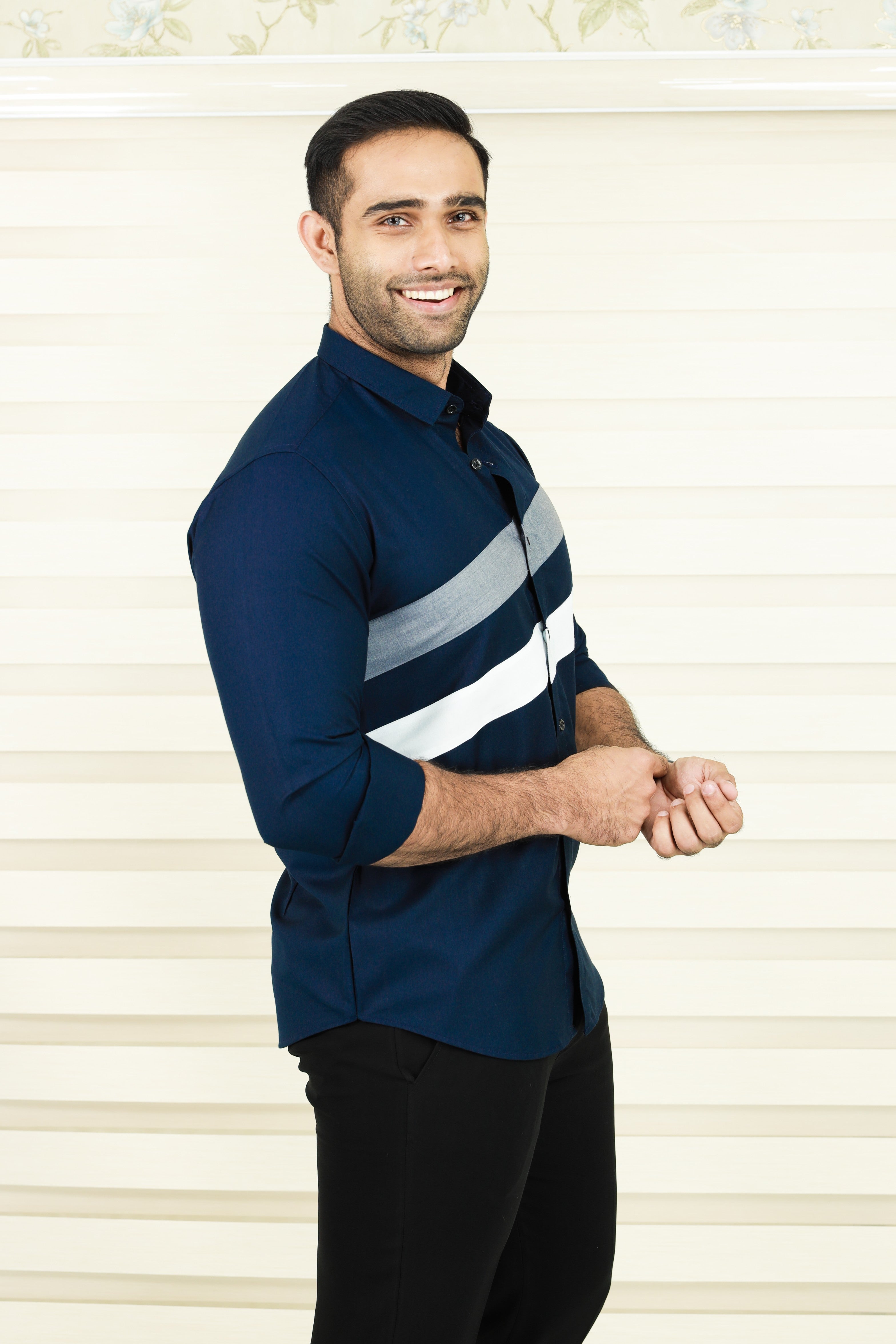 Oxford Blue Cutaway Collar Shirt with Diagonal Pattern Cut (Only Shirt)