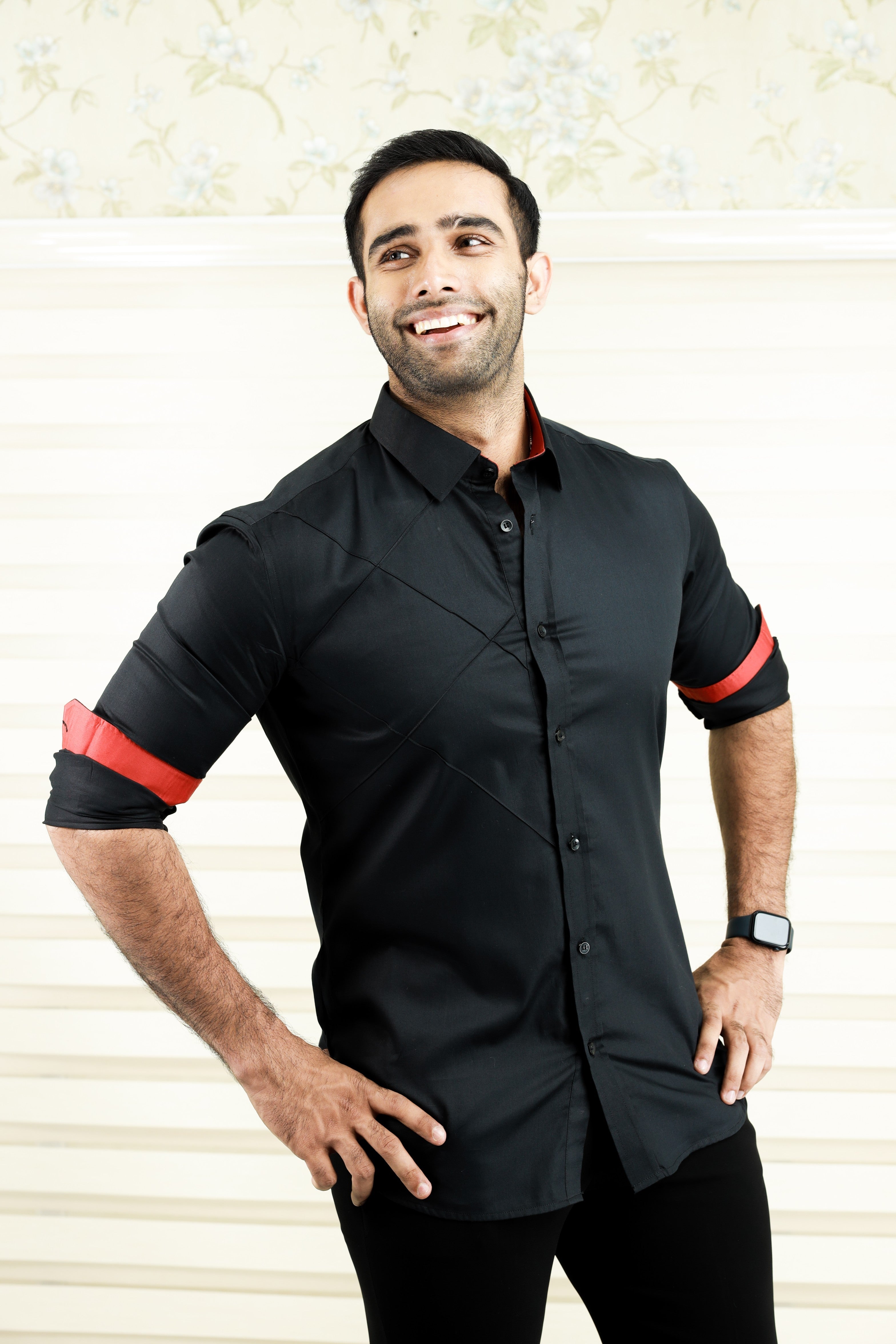 Charcoal Black One Side Tuck Detailed Shirt with Red Contrast on Sleeves
