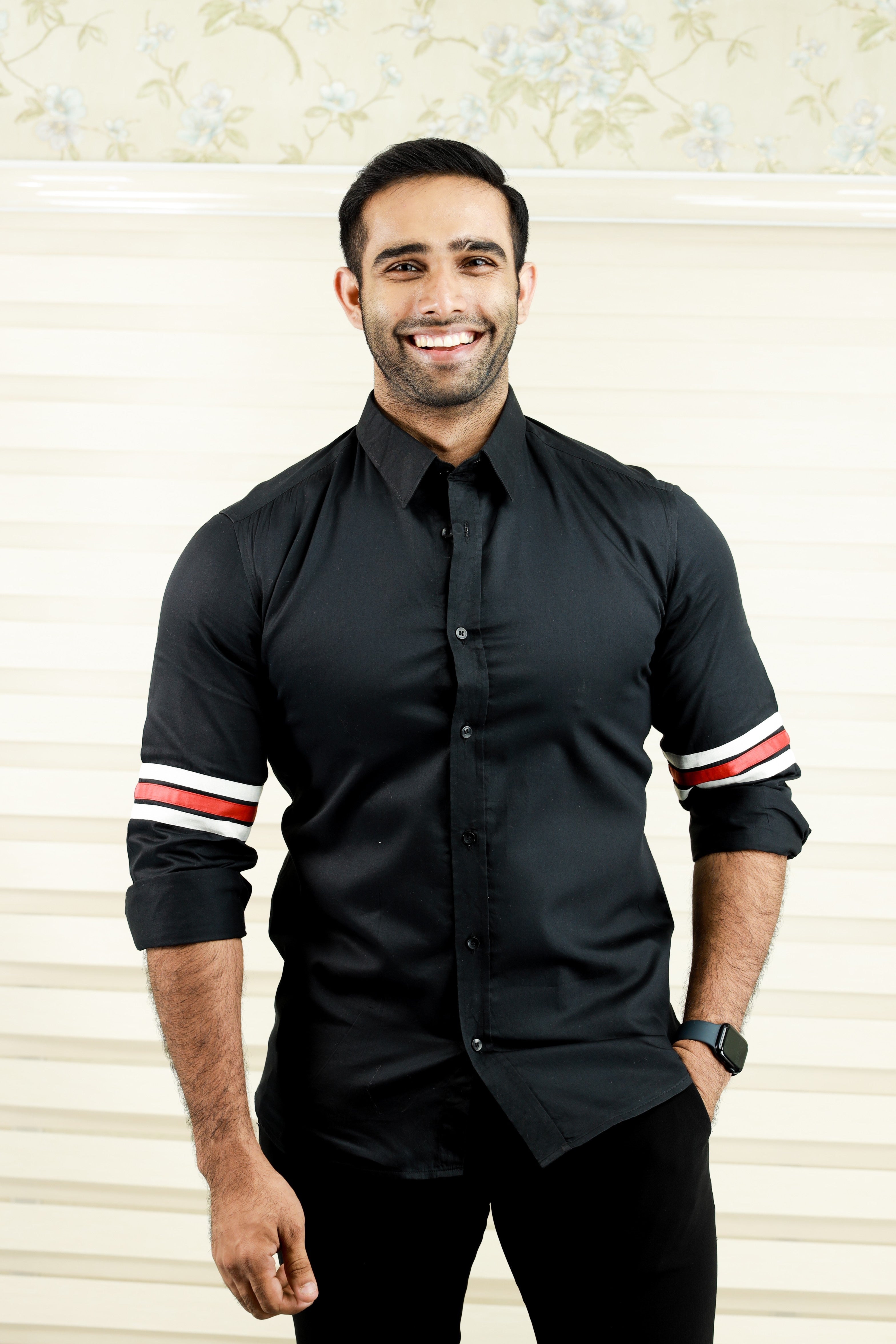 Onyx Black Cutaway Collar Shirt with Sleeve Detailing in White & Red (Only Shirt)