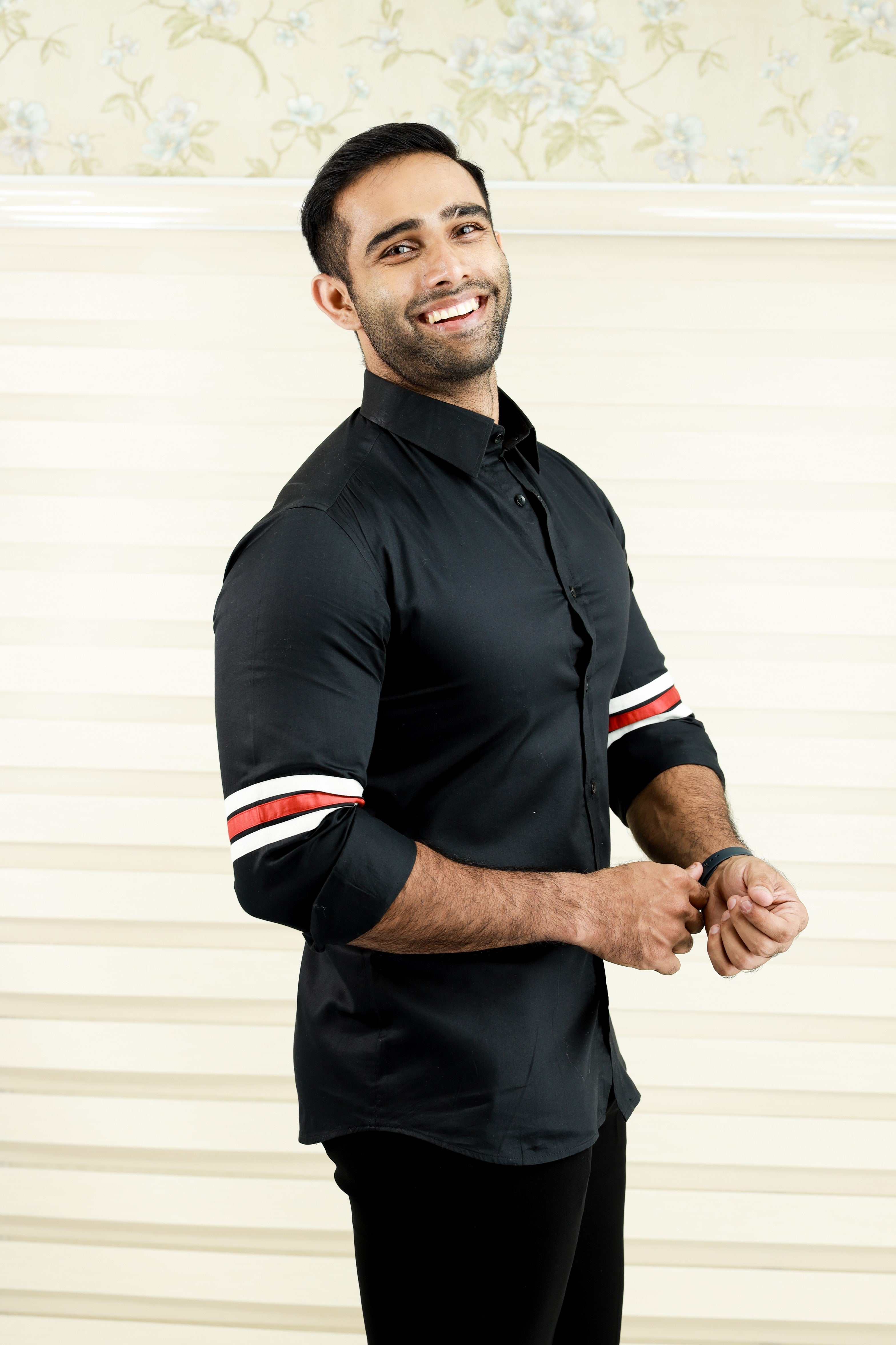 Onyx Black Cutaway Collar Shirt with Sleeve Detailing in White & Red (Only Shirt)