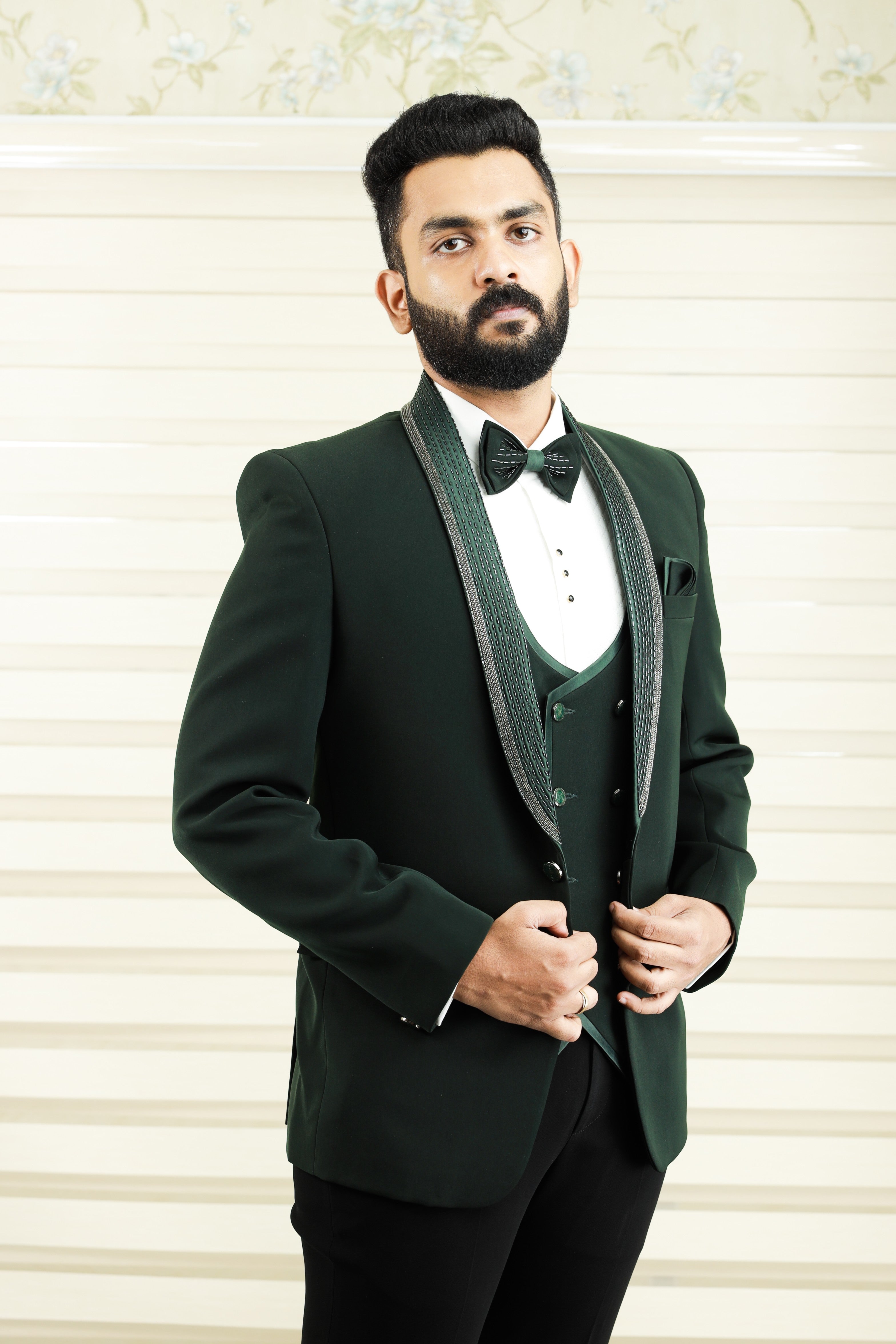 Dark Pine Green 3 Piece Tuxedo Suit with Handwork detailing on Lapel (Set of 4)