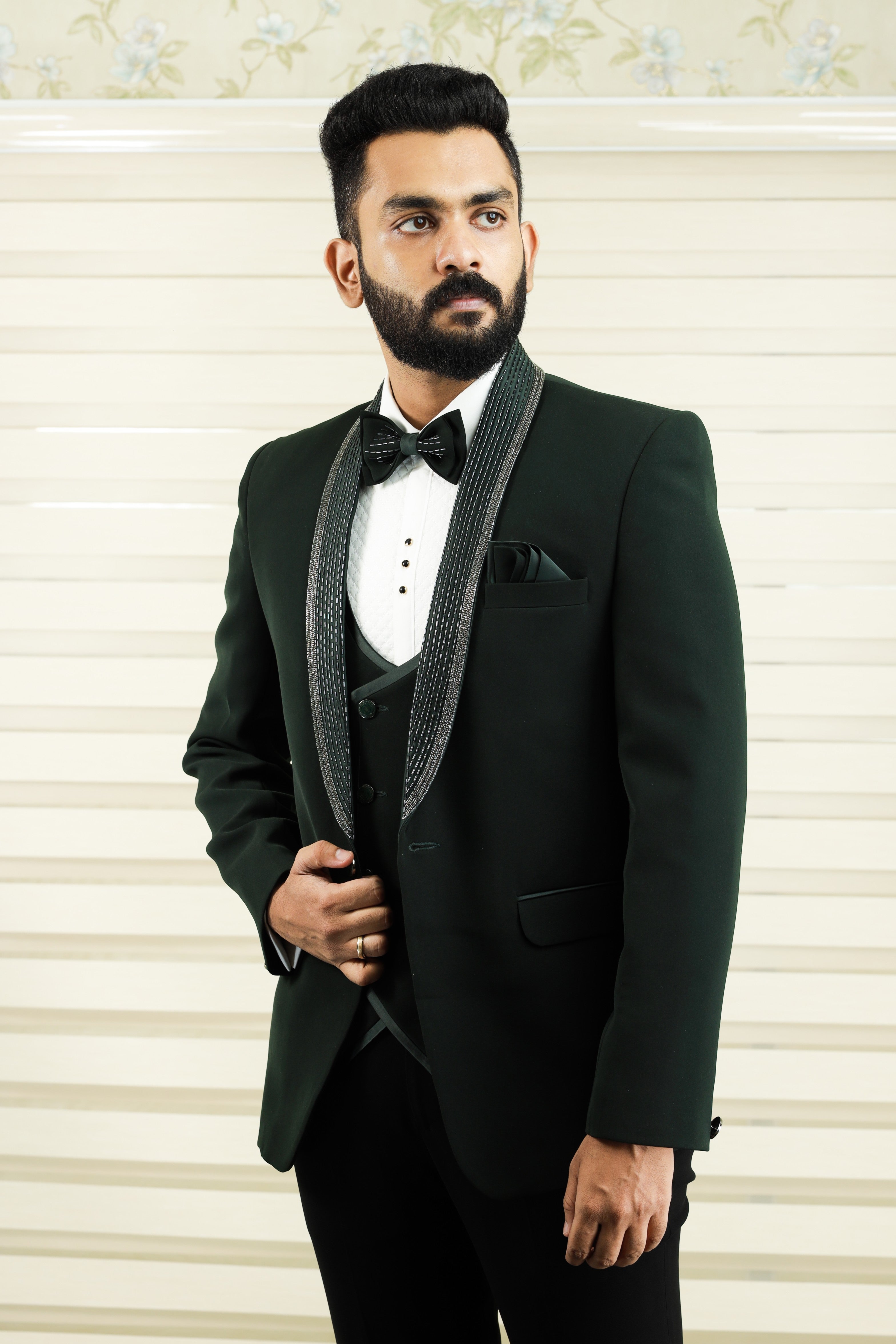 Dark Pine Green 3 Piece Tuxedo Suit with Handwork detailing on Lapel (Set of 4)