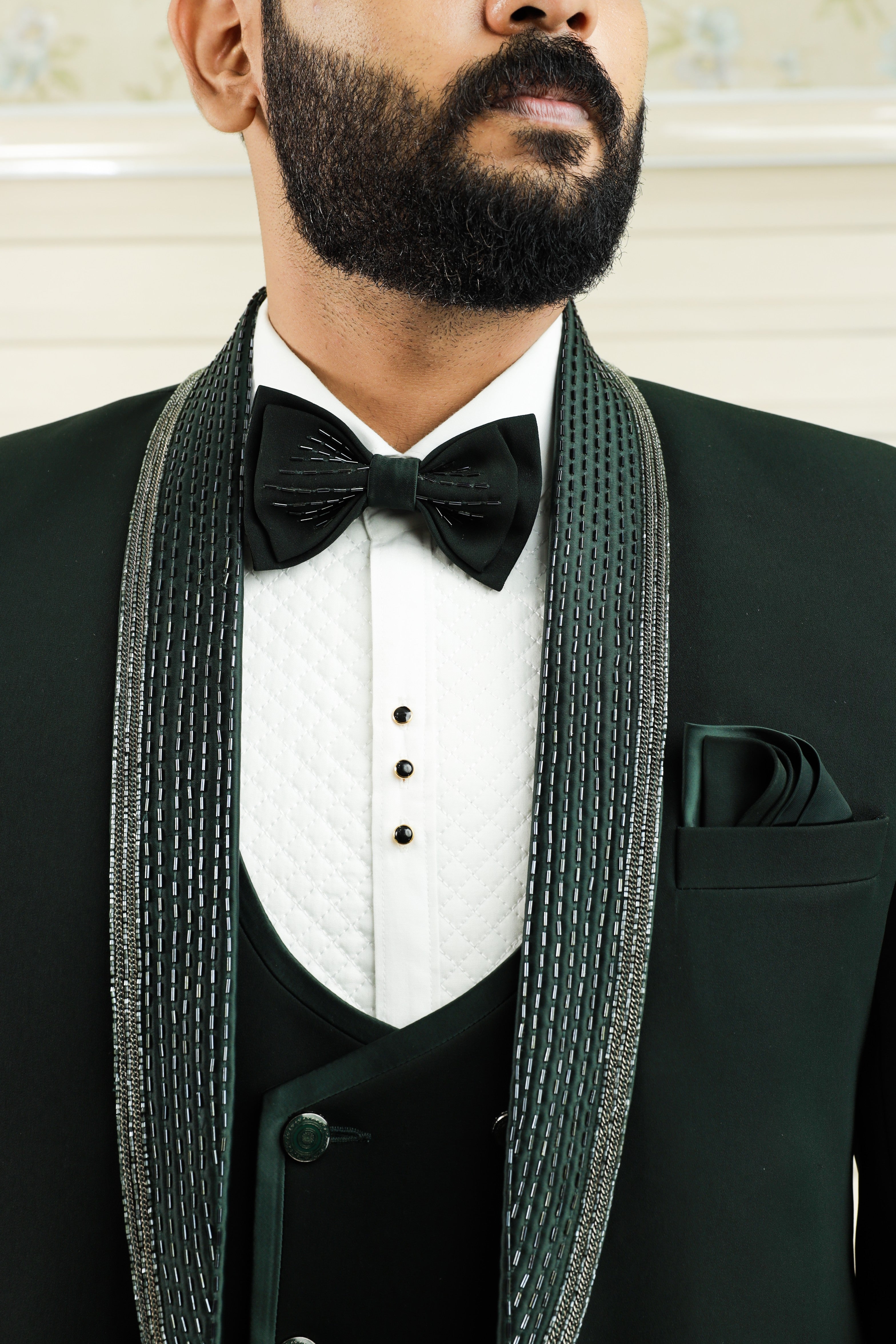 Dark Pine Green 3 Piece Tuxedo Suit with Handwork detailing on Lapel (Set of 4)