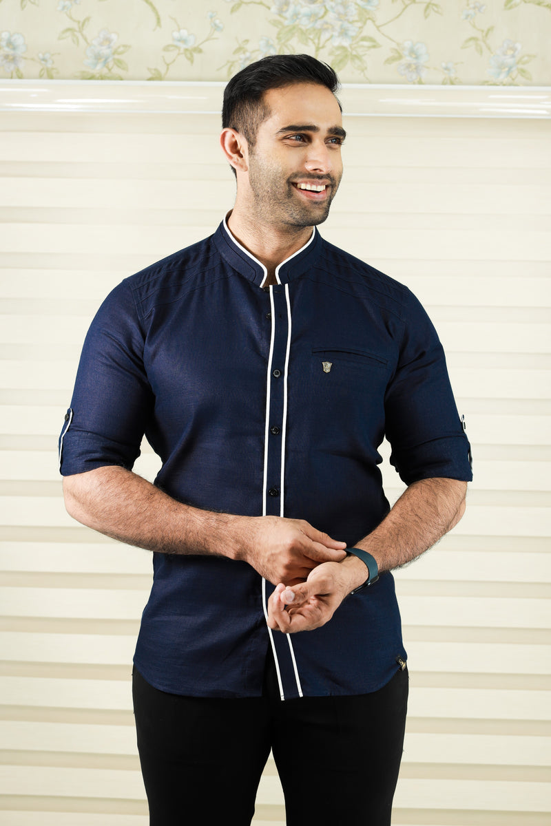 Dark Blue Shirt with  White Contrast Detailing on Neck & Placket (Only Shirt)