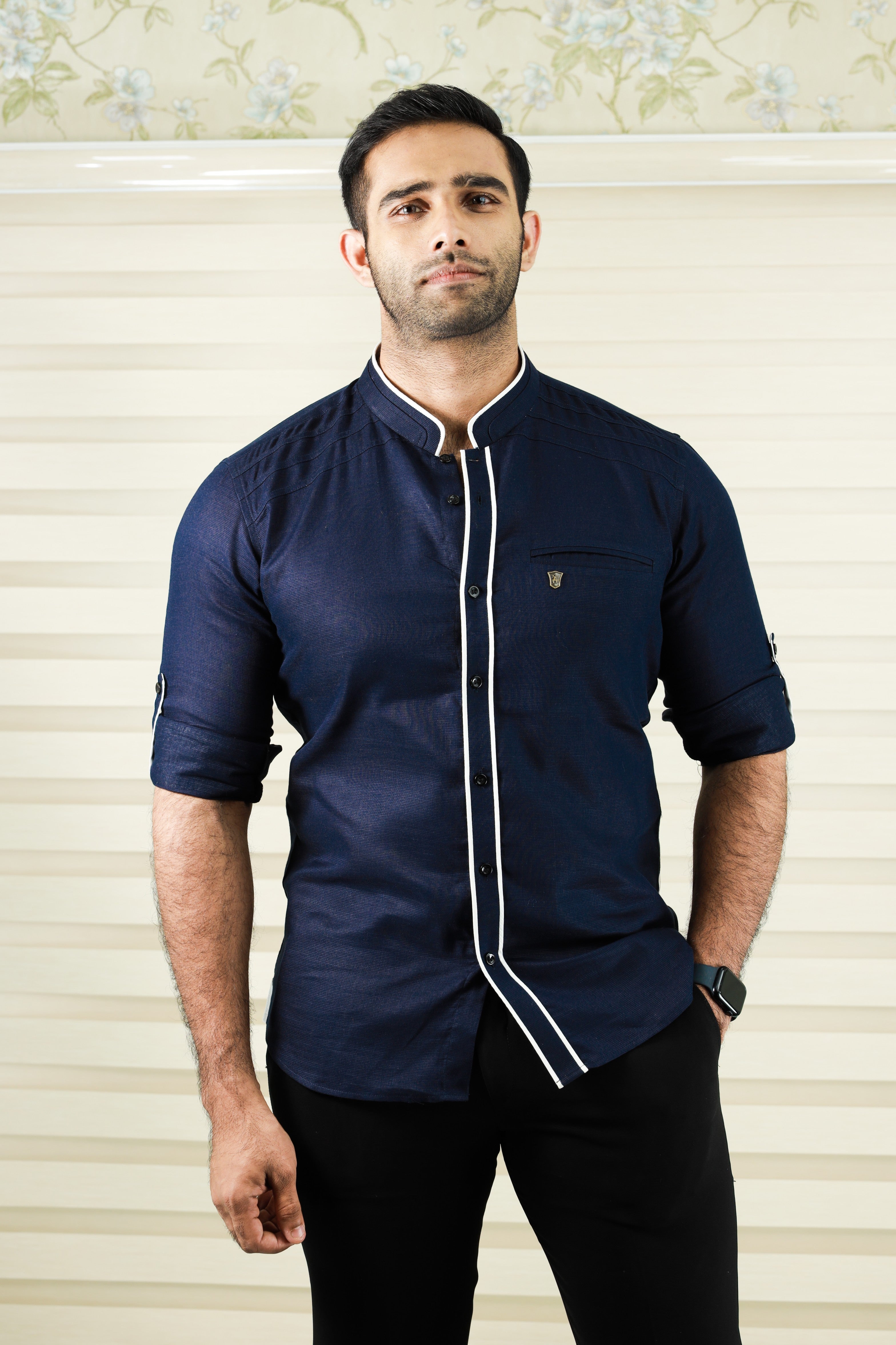 Dark Blue Shirt with White Contrast Detailing on Neck & Placket (Only Shirt)