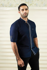 Dark Blue Shirt with  White Contrast Detailing on Neck & Placket (Shirt + Black Pants)