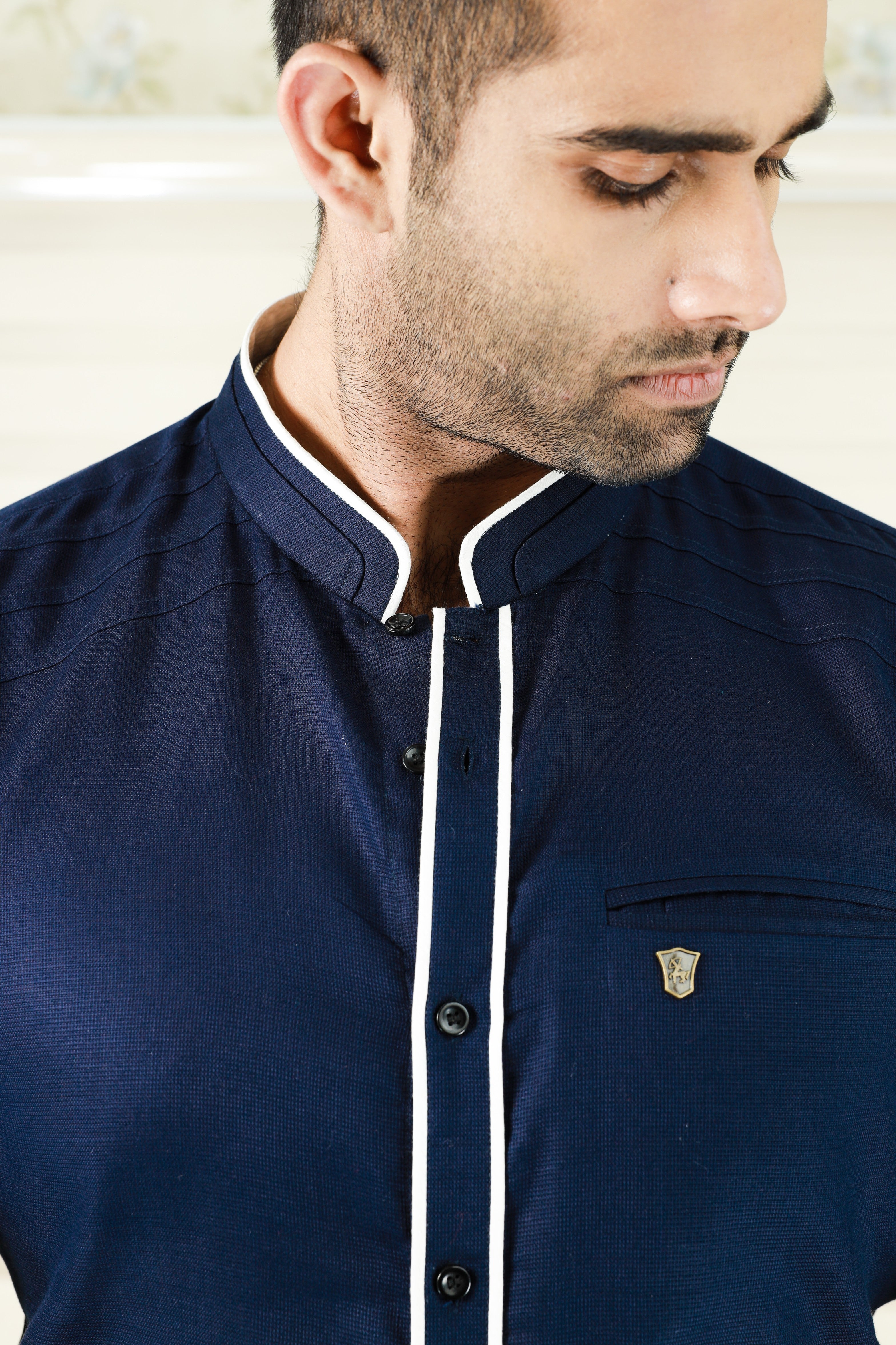 Dark Blue Shirt with White Contrast Detailing on Neck & Placket (Only Shirt)