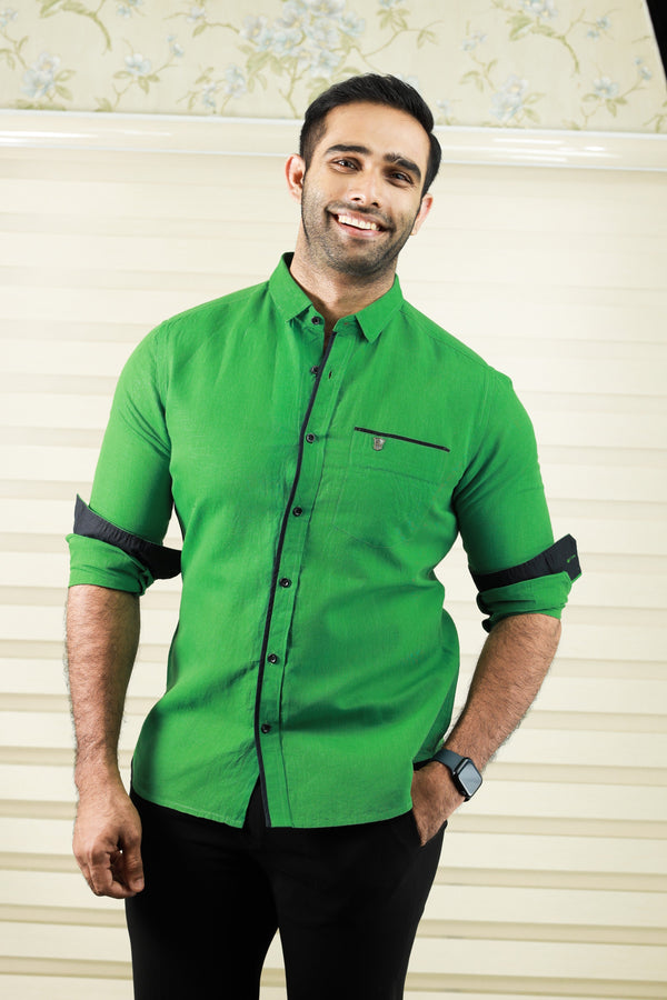 Forest Green Cutaway Collar Shirt with Balck Contrast detailing on Placket, Pocket & Cuff (Shirt + Black Pants)