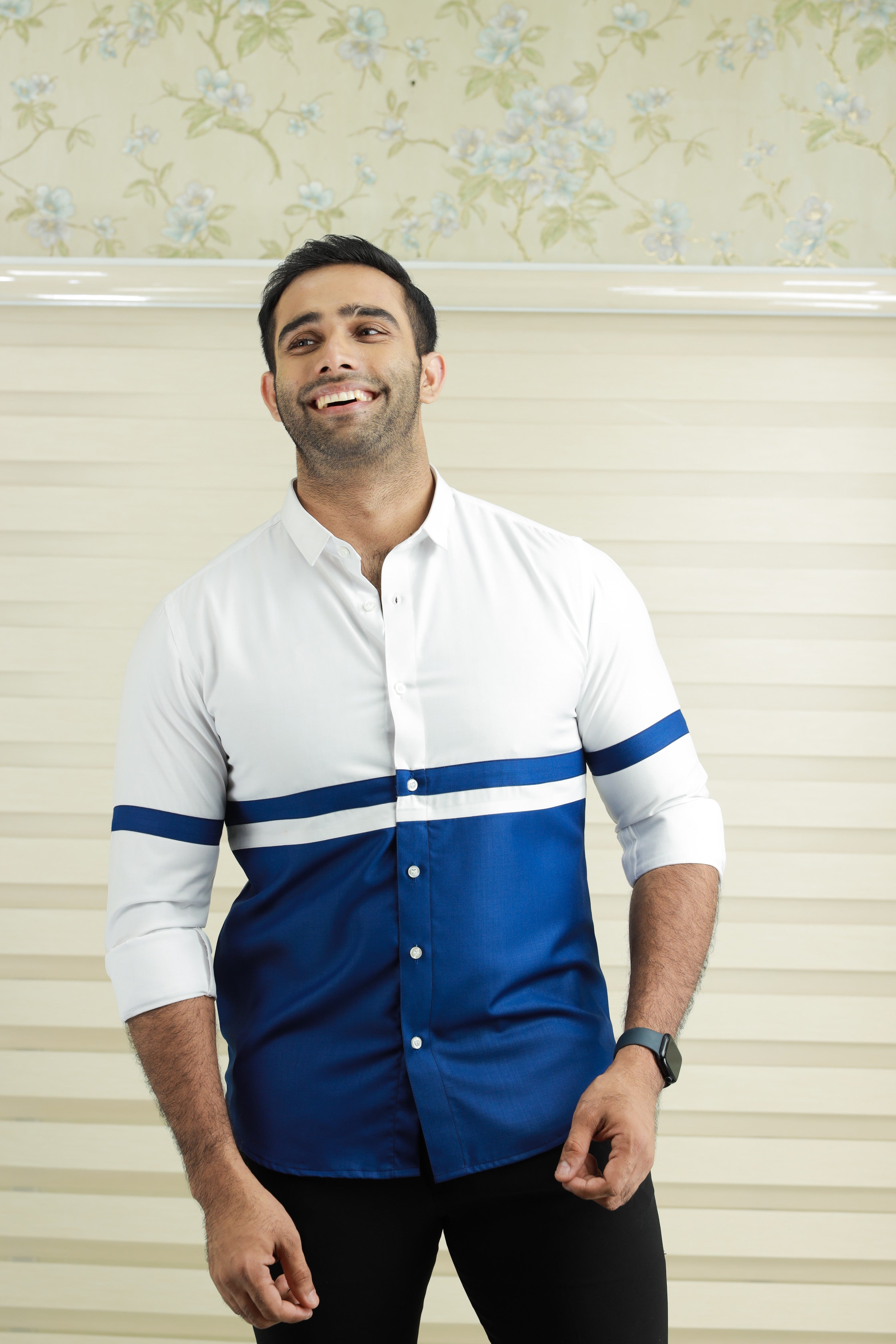 Two Tone Cutaway Collar Designer Shirt (Shirt + Black Pants)