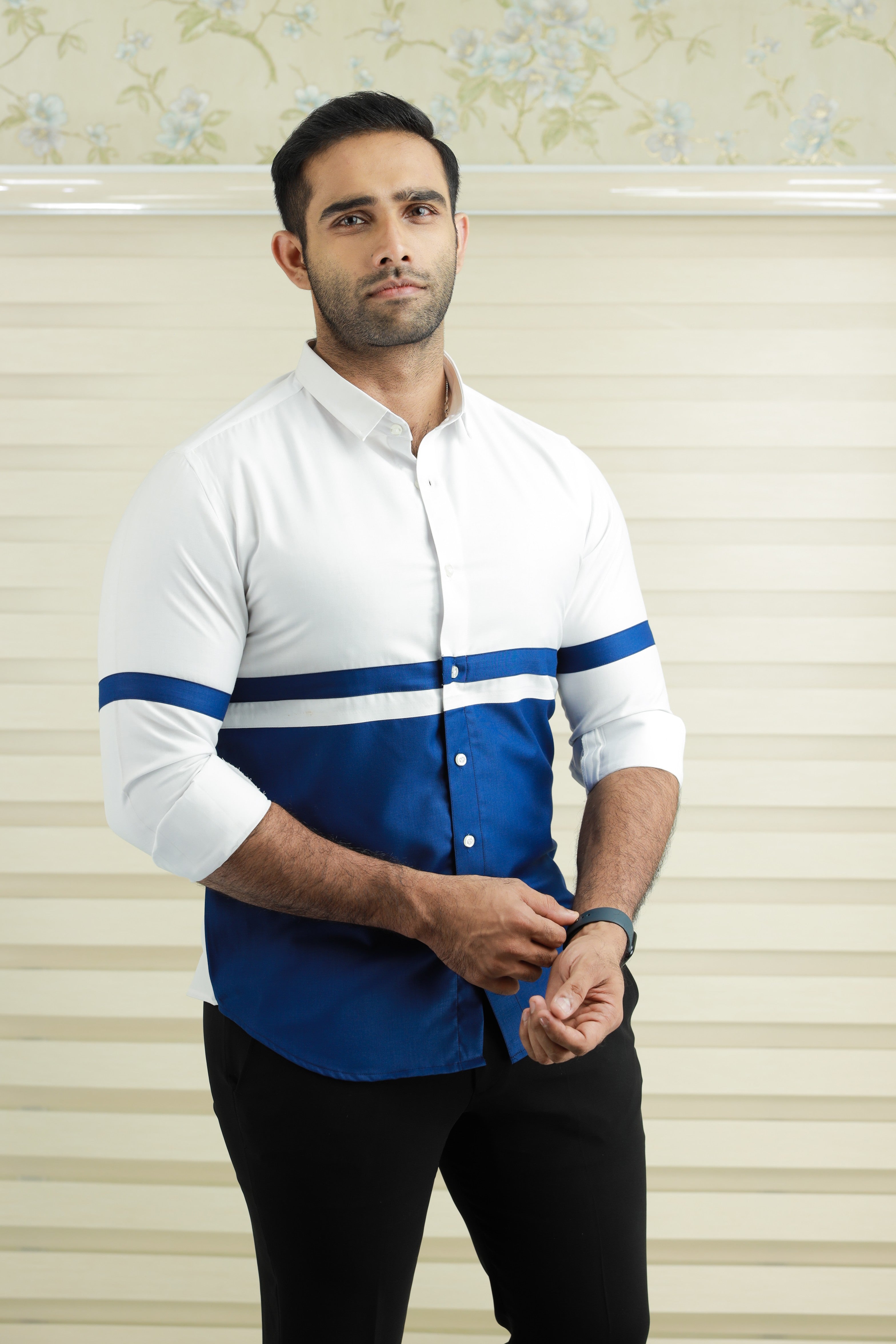 Two Tone Cutaway Collar Designer Shirt (Shirt + Black Pants)
