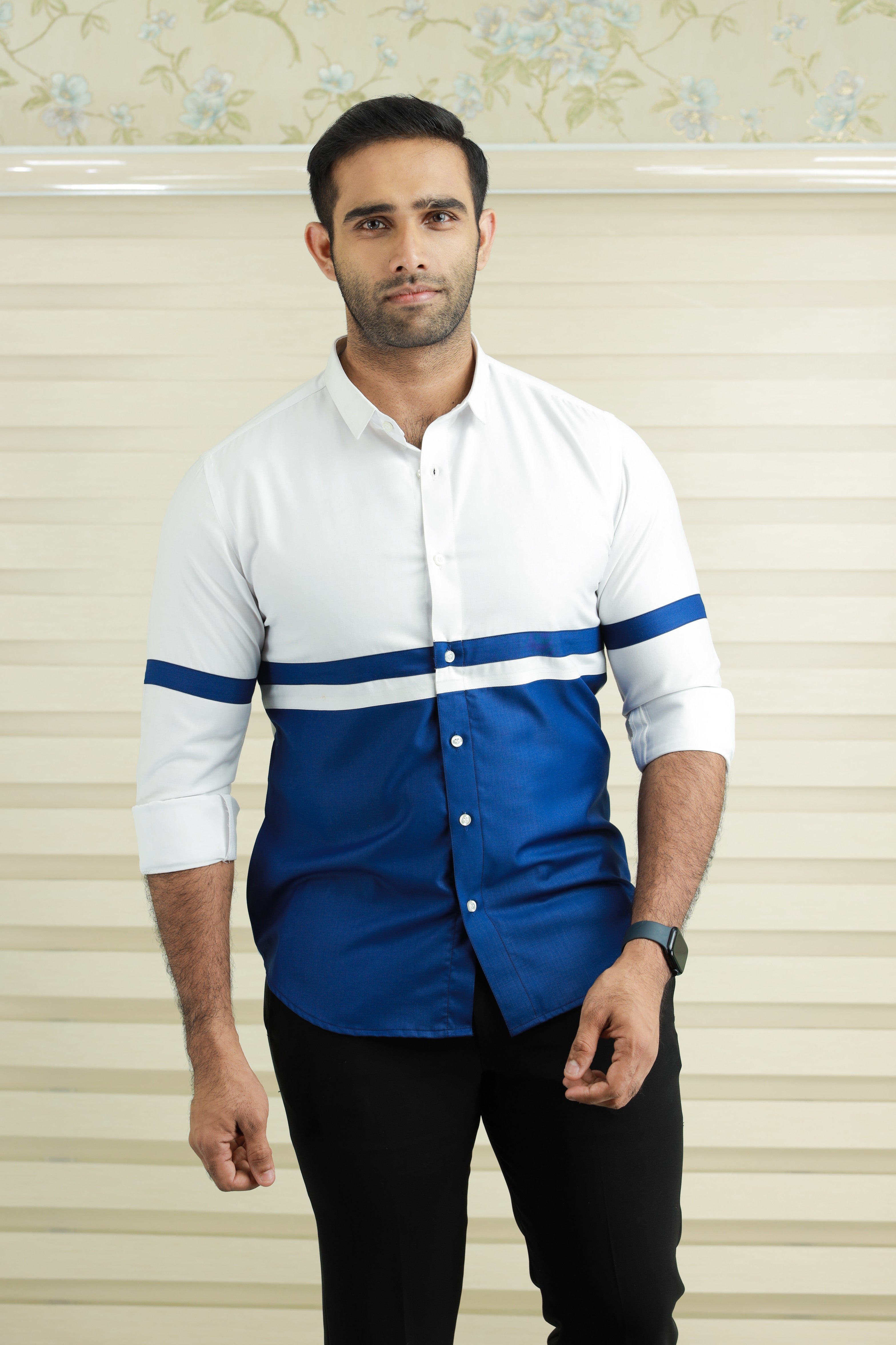 Two Tone Cutaway Collar Designer Shirt (Shirt + Black Pants)