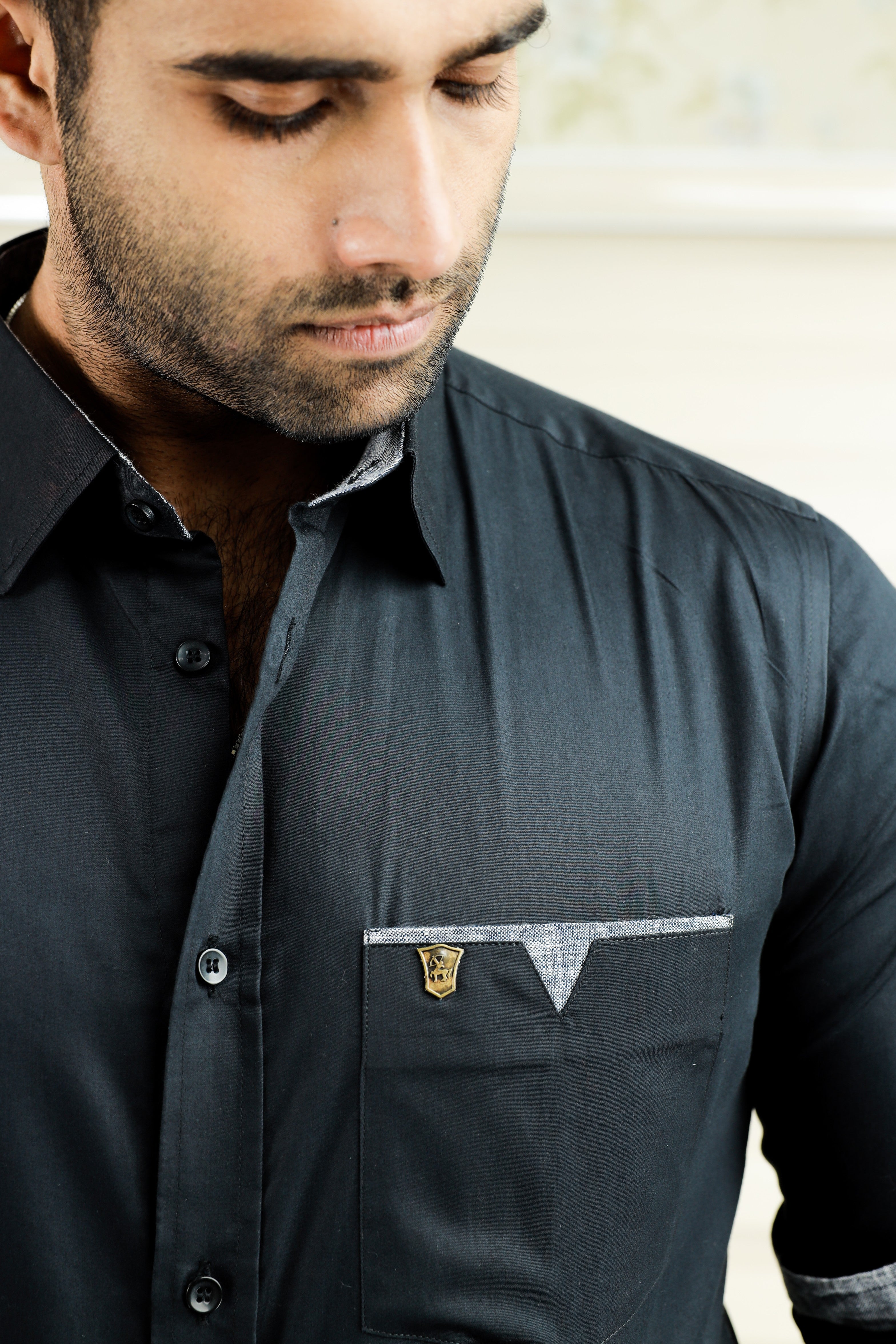 Onyx Black Cutaway Collar Shirt with Grey Detailing on Pocket & Cuff (Only Shirt)