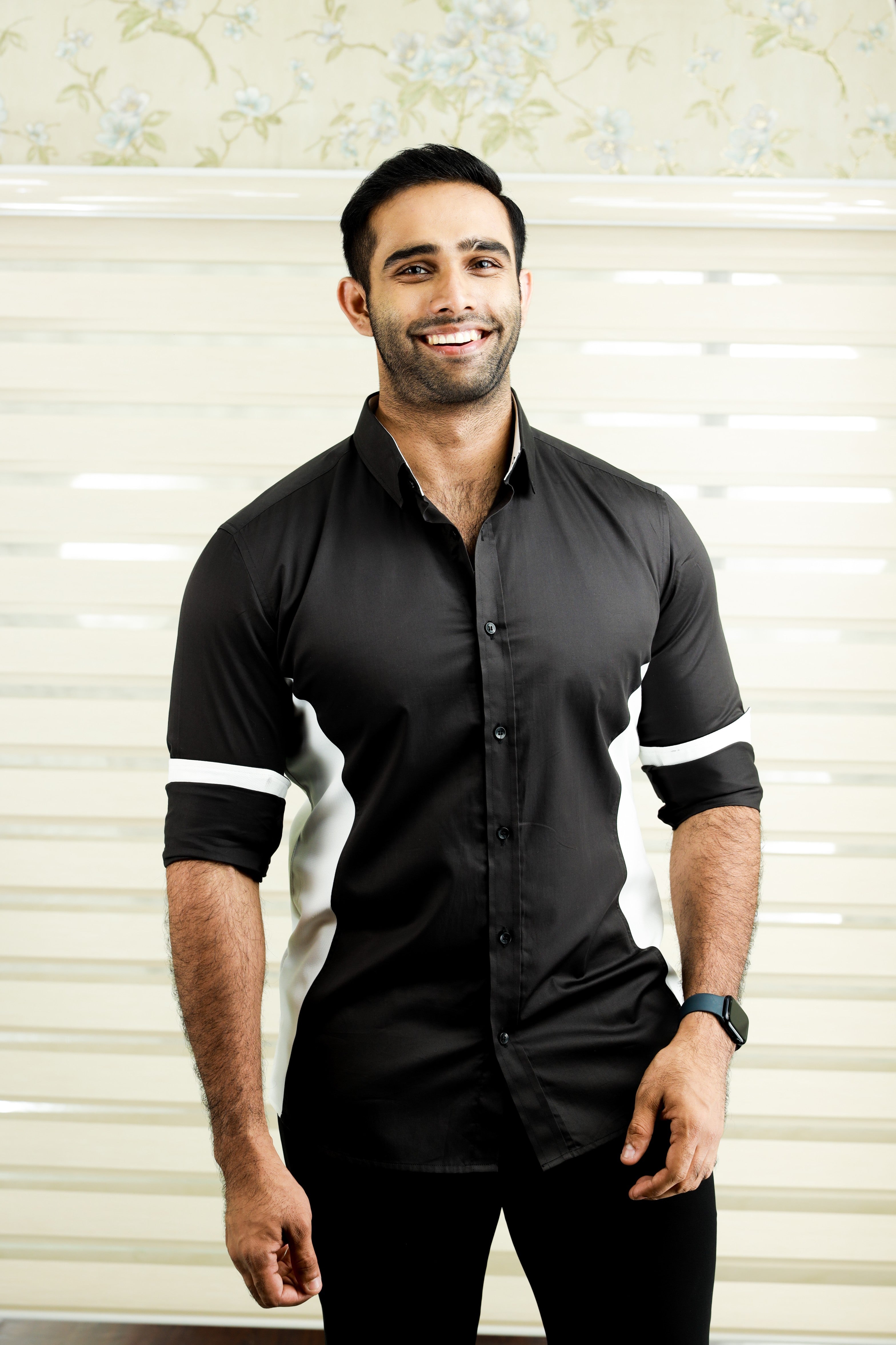 Charcoal Black Side Silhouette Cut Shirt with White Contrast Detailing