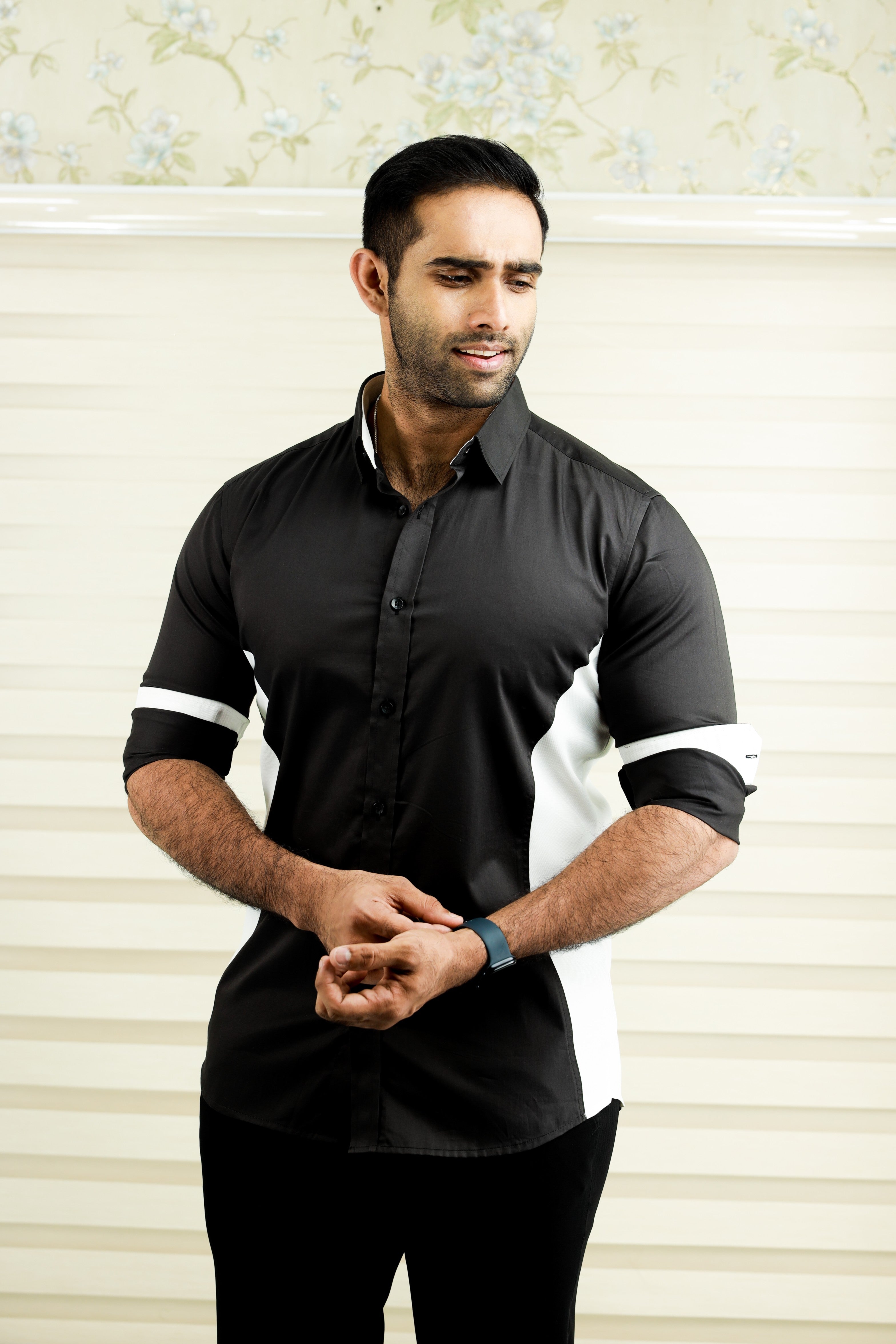 Charcoal Black Side Silhouette Cut Shirt with White Contrast Detailing