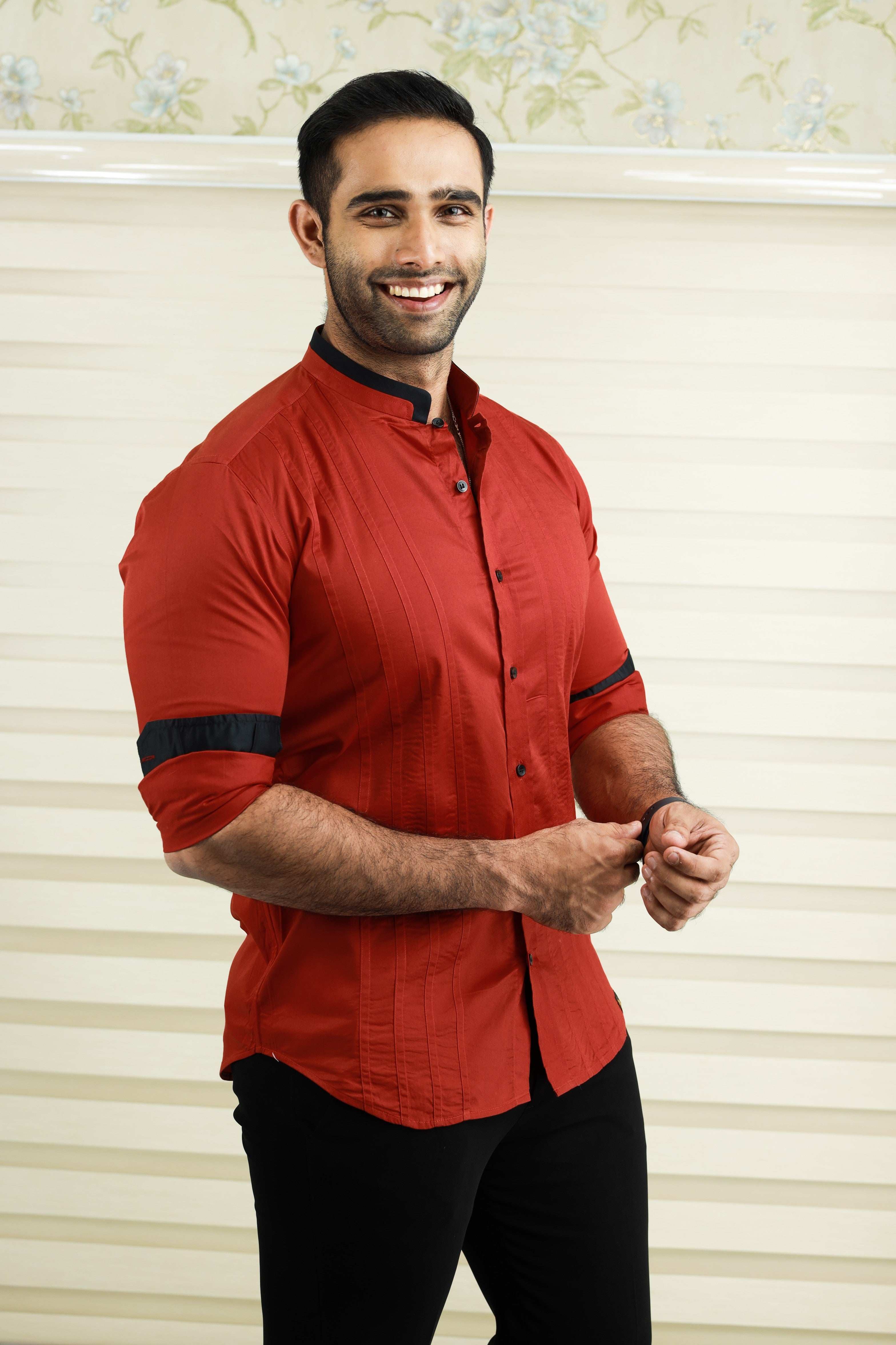 Crimson Red Chinese Collar Shirt with Black Contrast Detailing on Neck, placket & Cuff