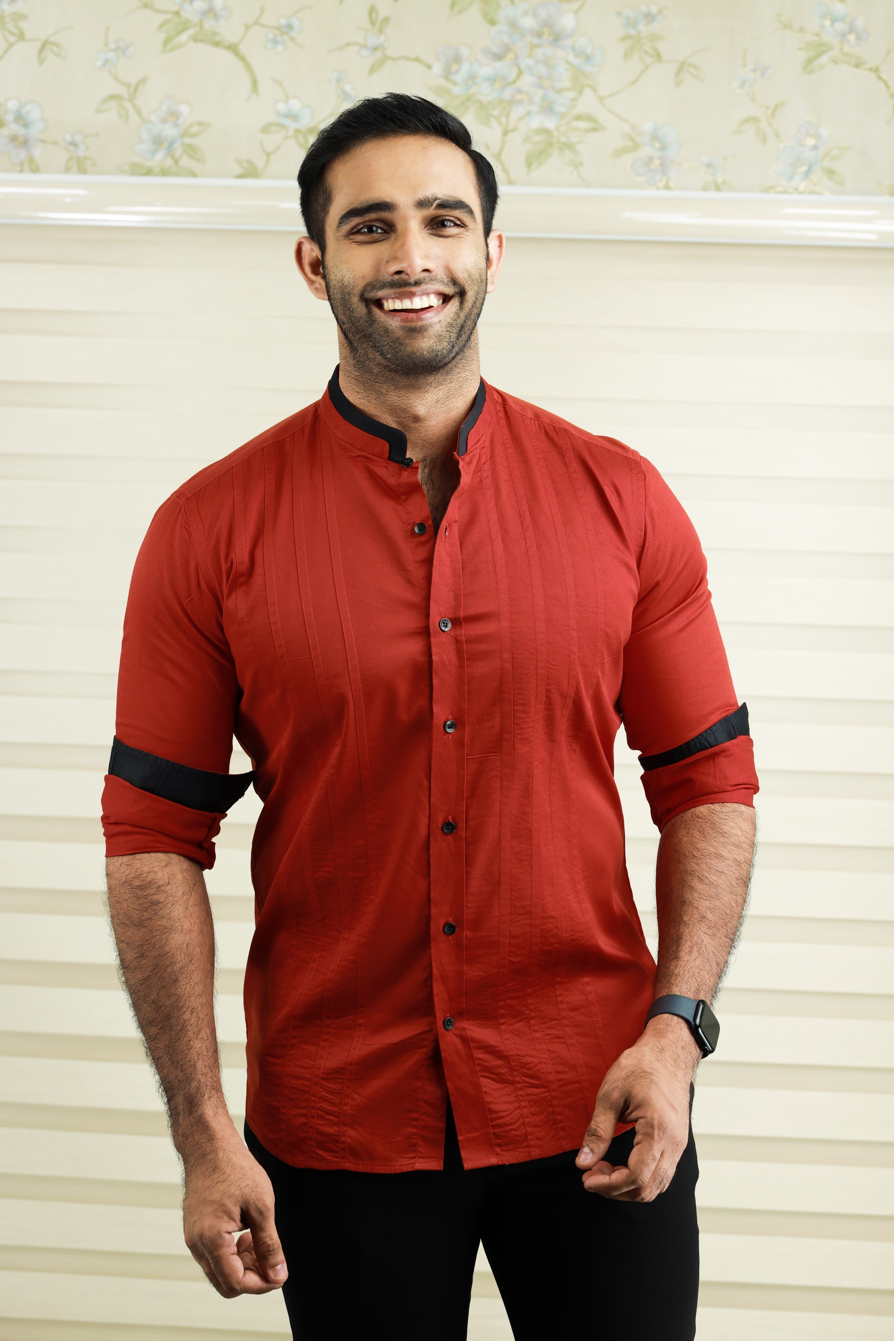 Crimson Red Chinese Collar Shirt with Black Contrast Detailing on Neck, placket & Cuff