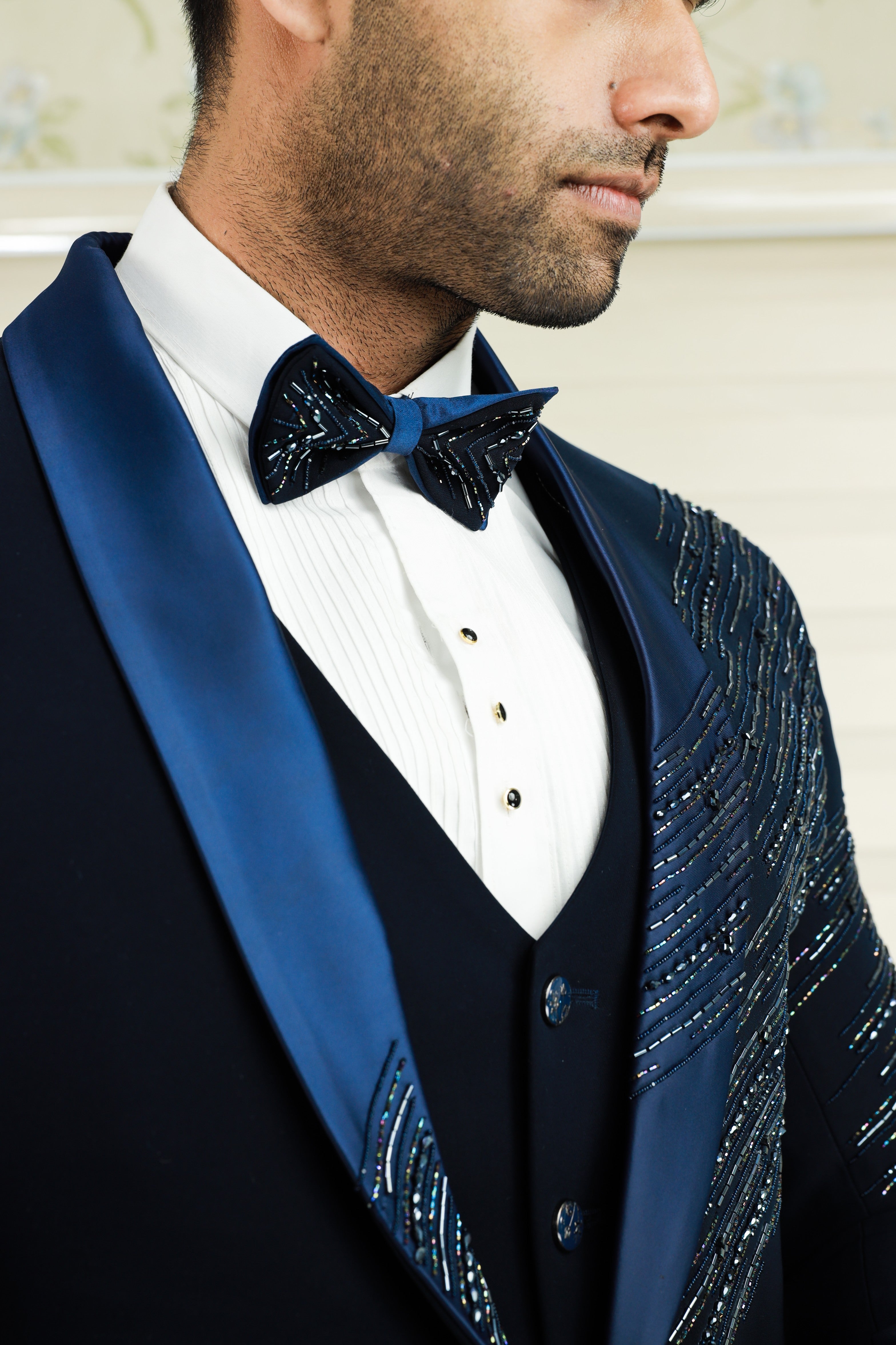 Oxford Blue 3 Piece Tuxedo Suit With Heavy Handwork Detailing (Set of 4)