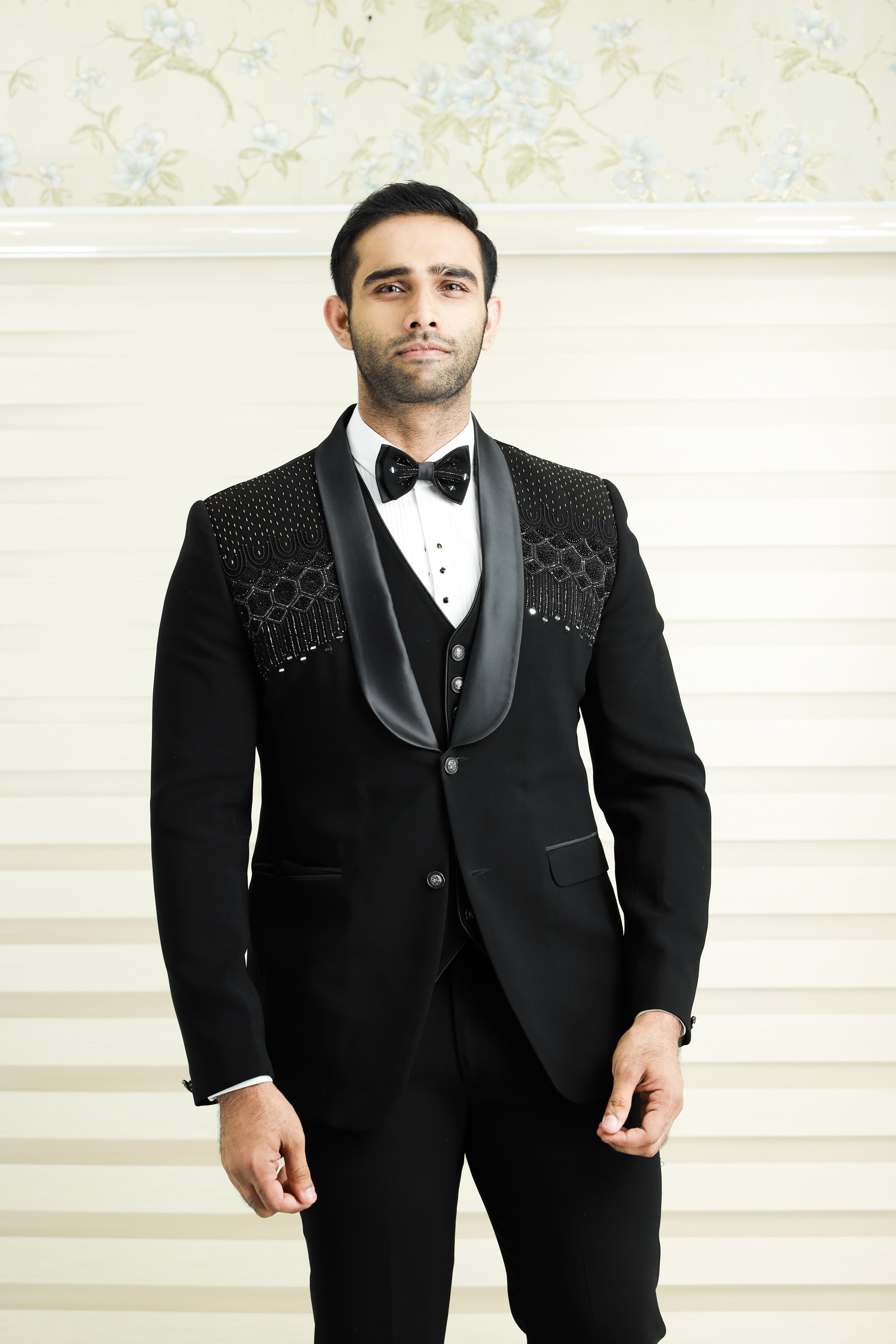 Jet Black 3 Piece Tuxedo Suit With Heavy Handwork Detailing