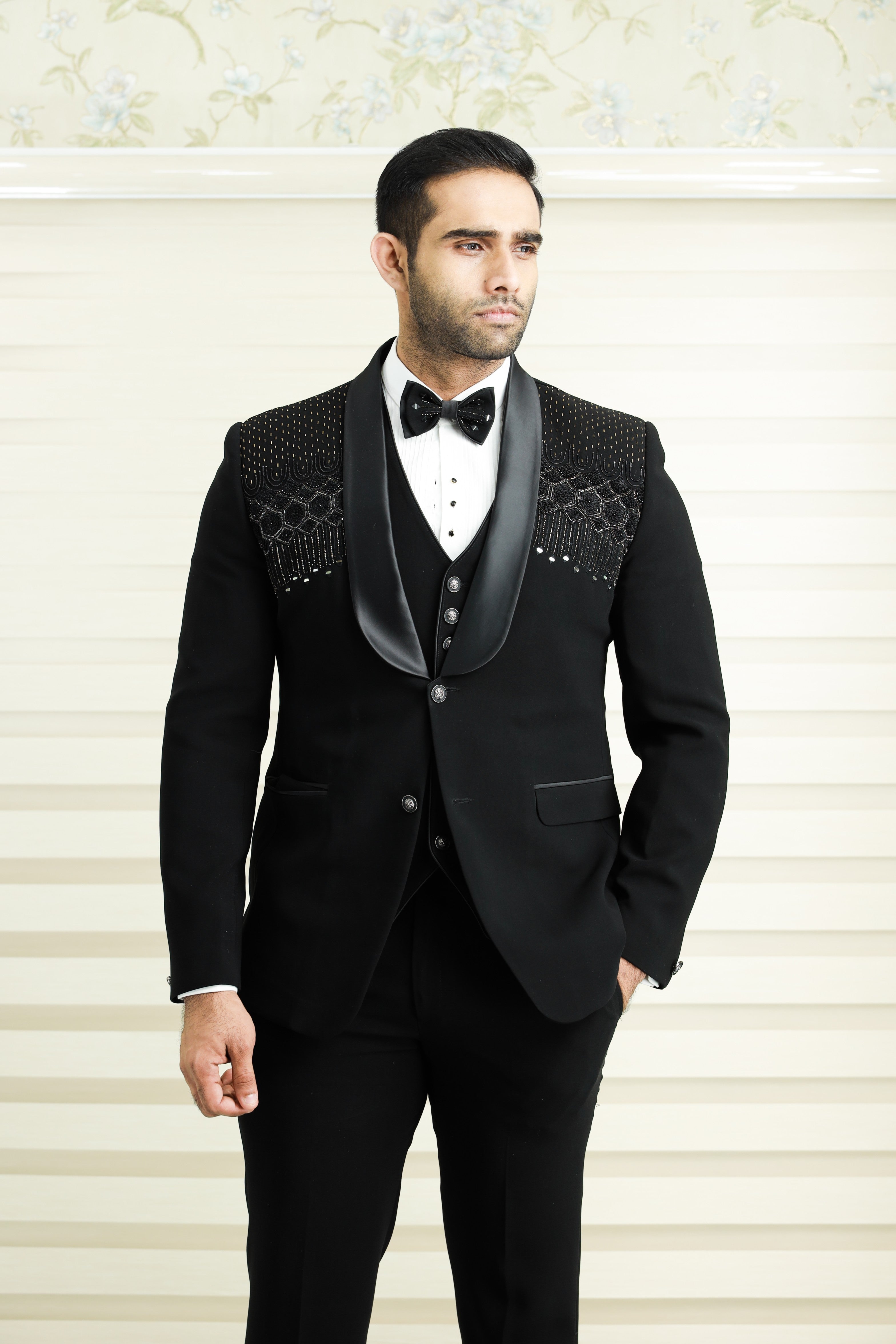 Jet Black 3 Piece Tuxedo Suit With Heavy Handwork Detailing