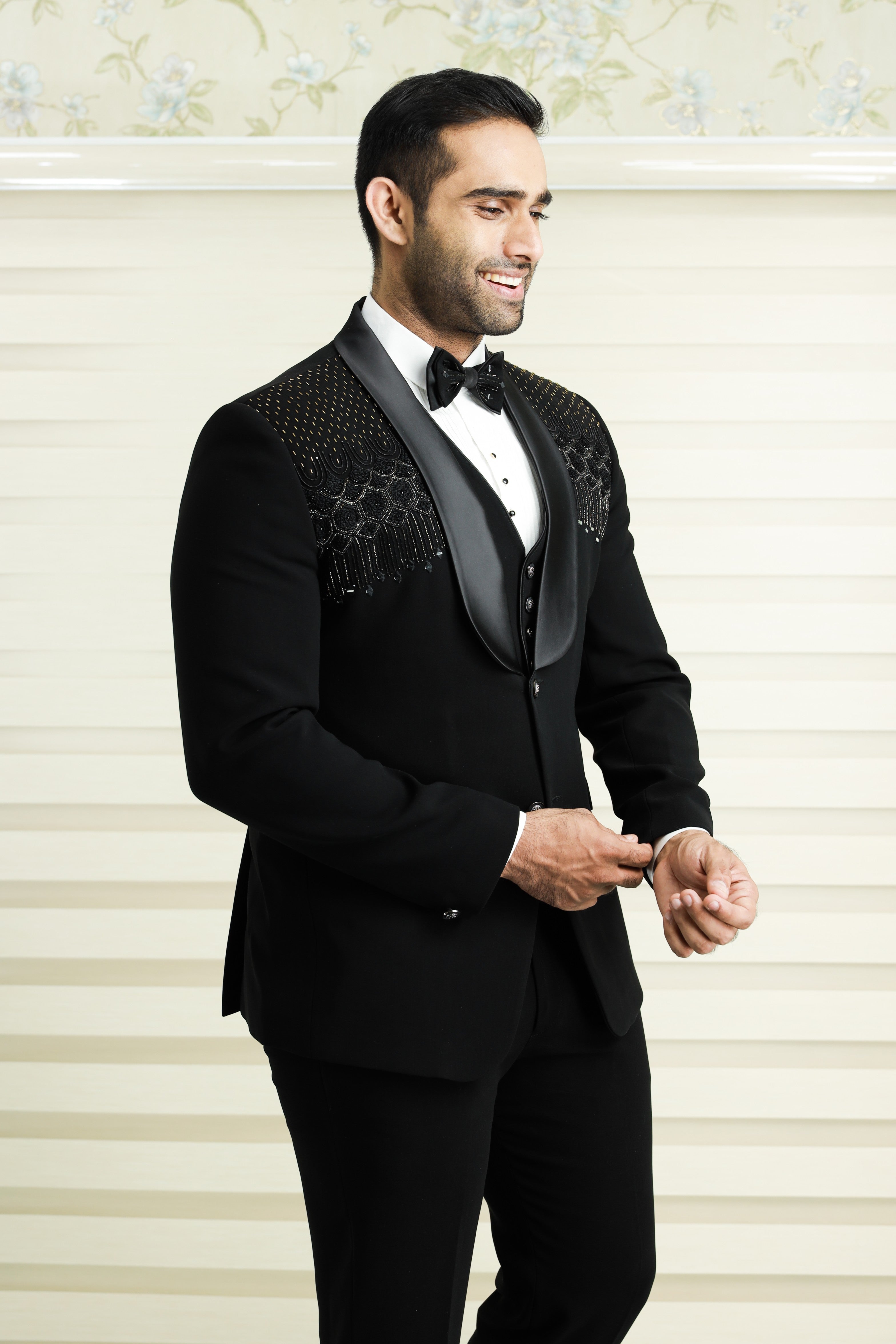Jet Black 3 Piece Tuxedo Suit With Heavy Handwork Detailing