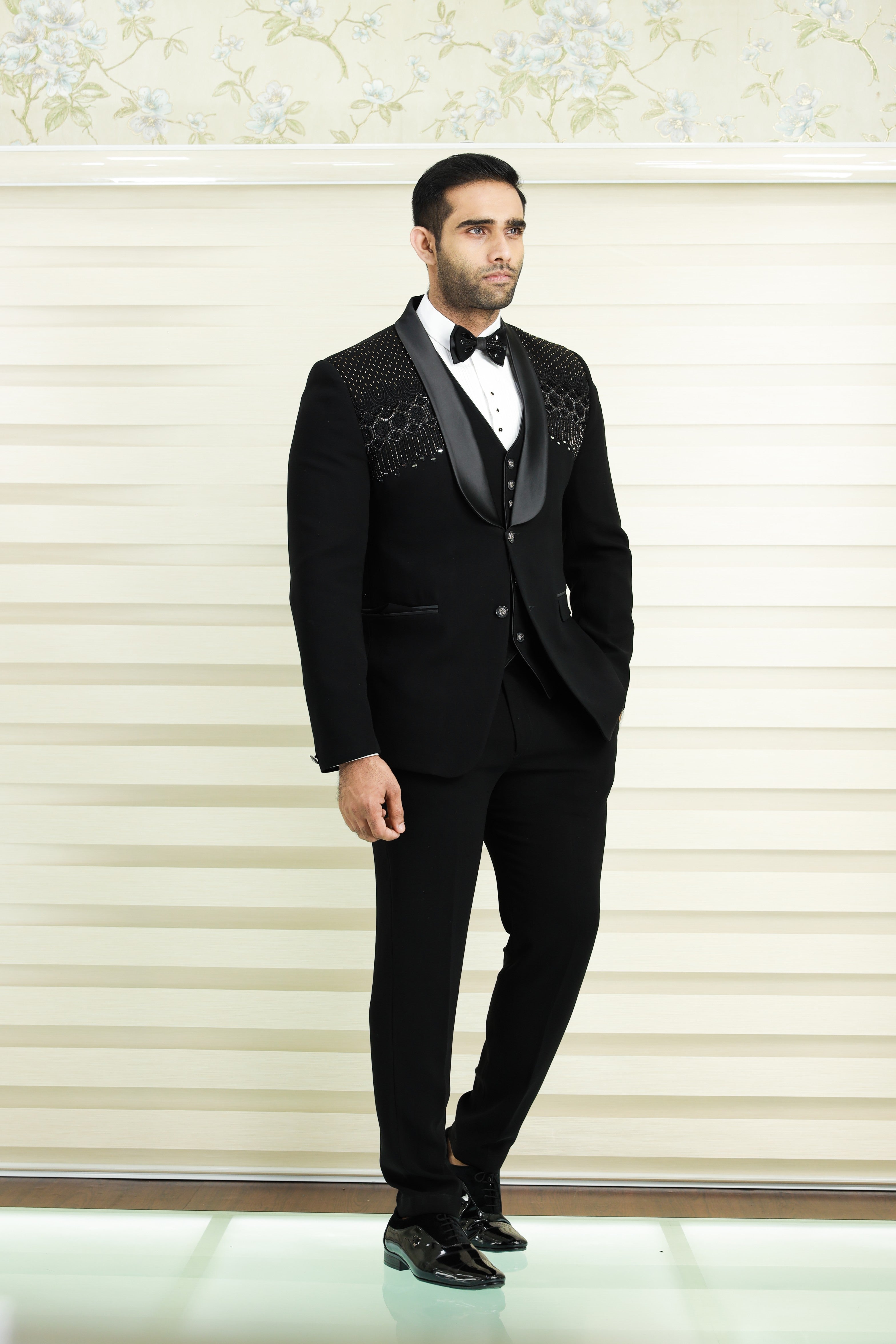 Jet Black 3 Piece Tuxedo Suit With Heavy Handwork Detailing (Set of 4)