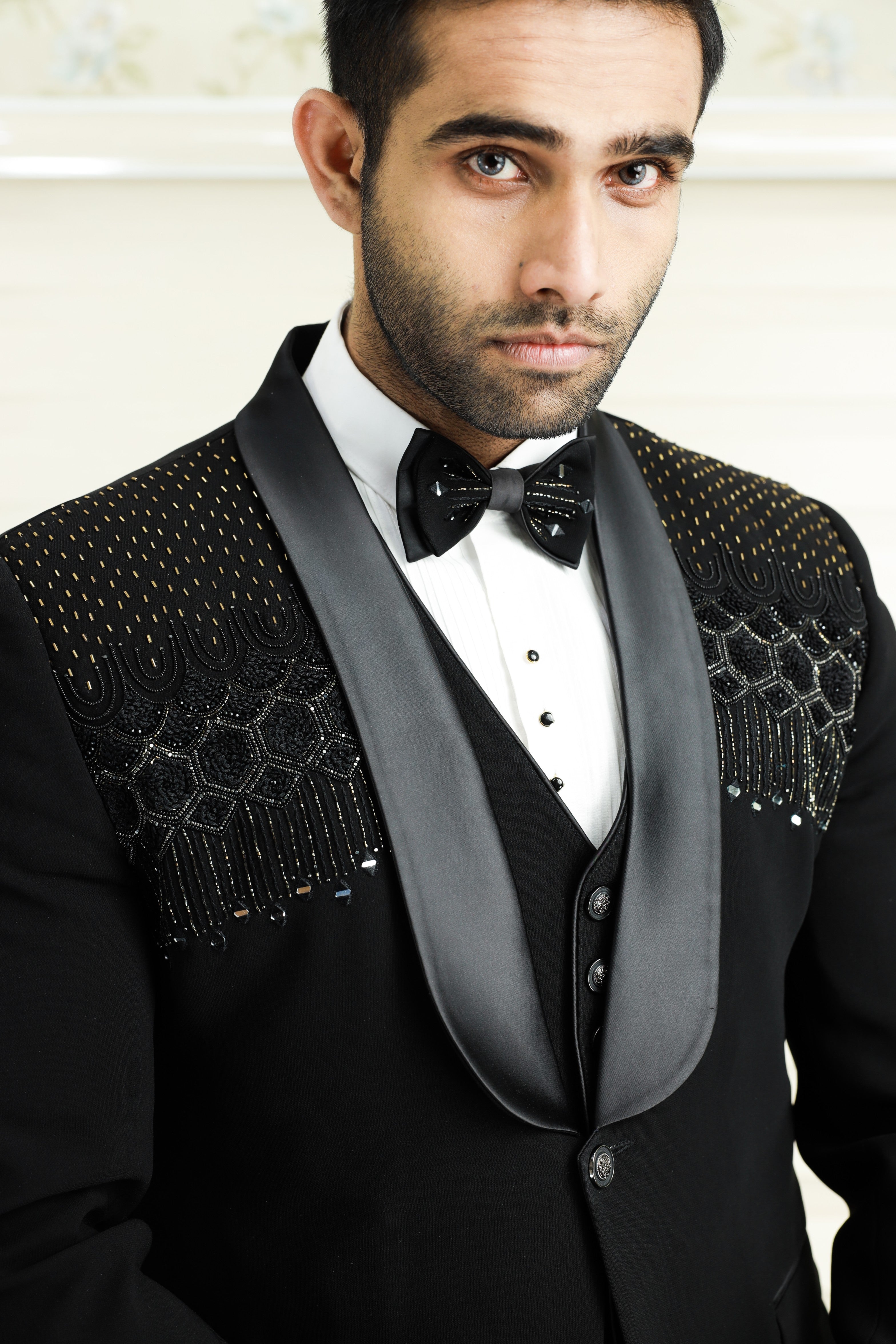Jet Black 3 Piece Tuxedo Suit With Heavy Handwork Detailing