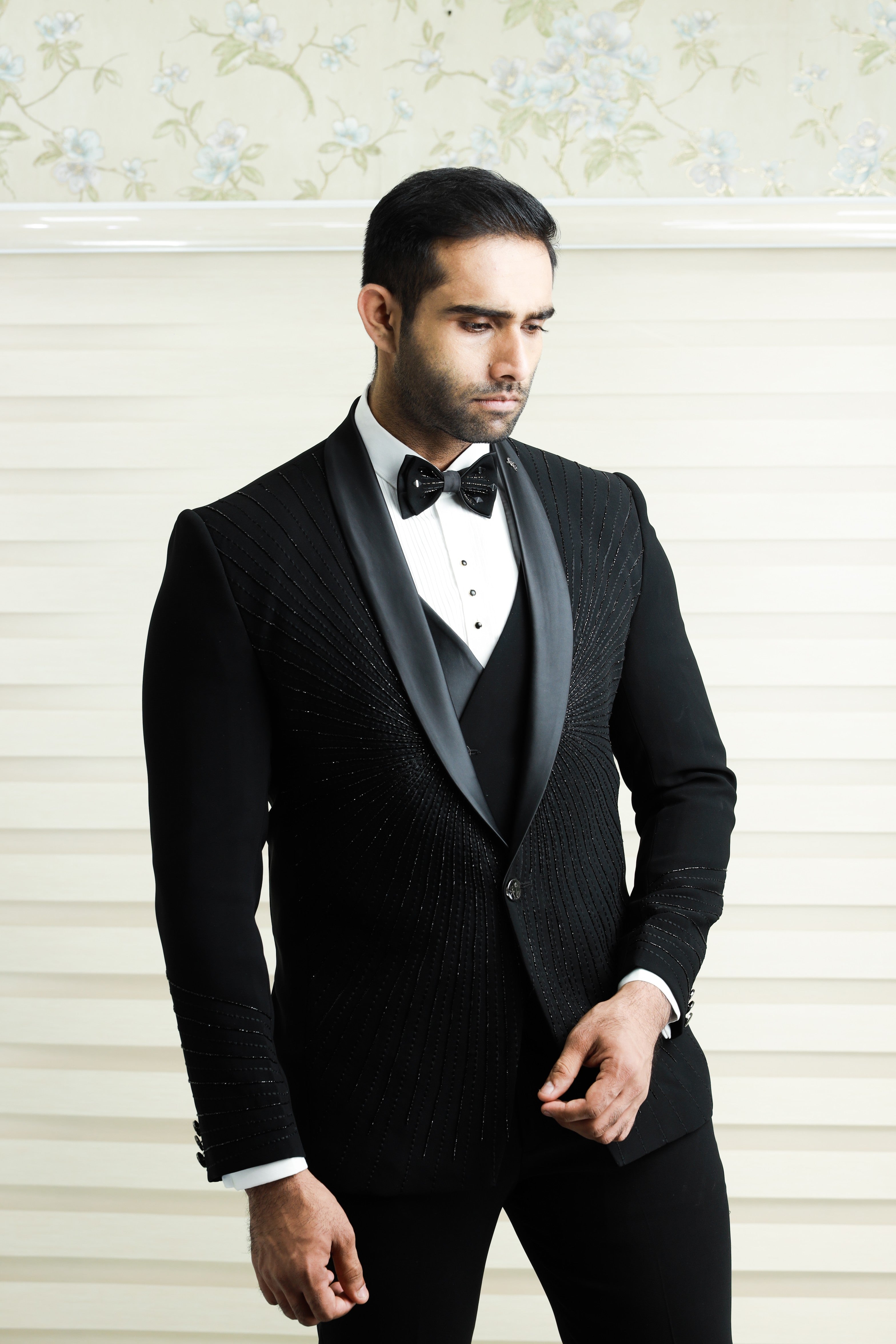 Ink Black 3 Piece Tuxedo Suit With Heavy Handwork Detailing