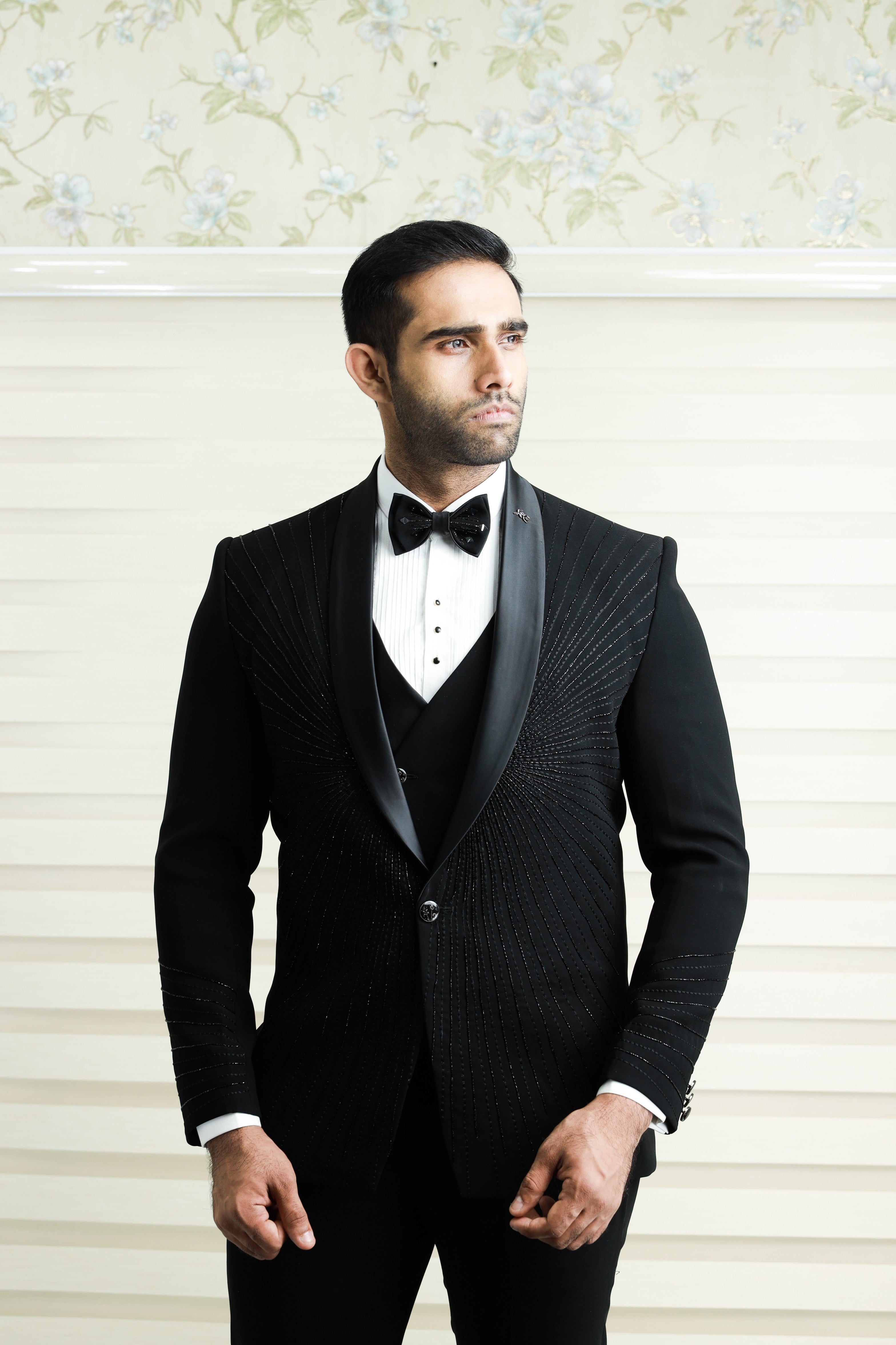 Ink Black 3 Piece Tuxedo Suit With Heavy Handwork Detailing