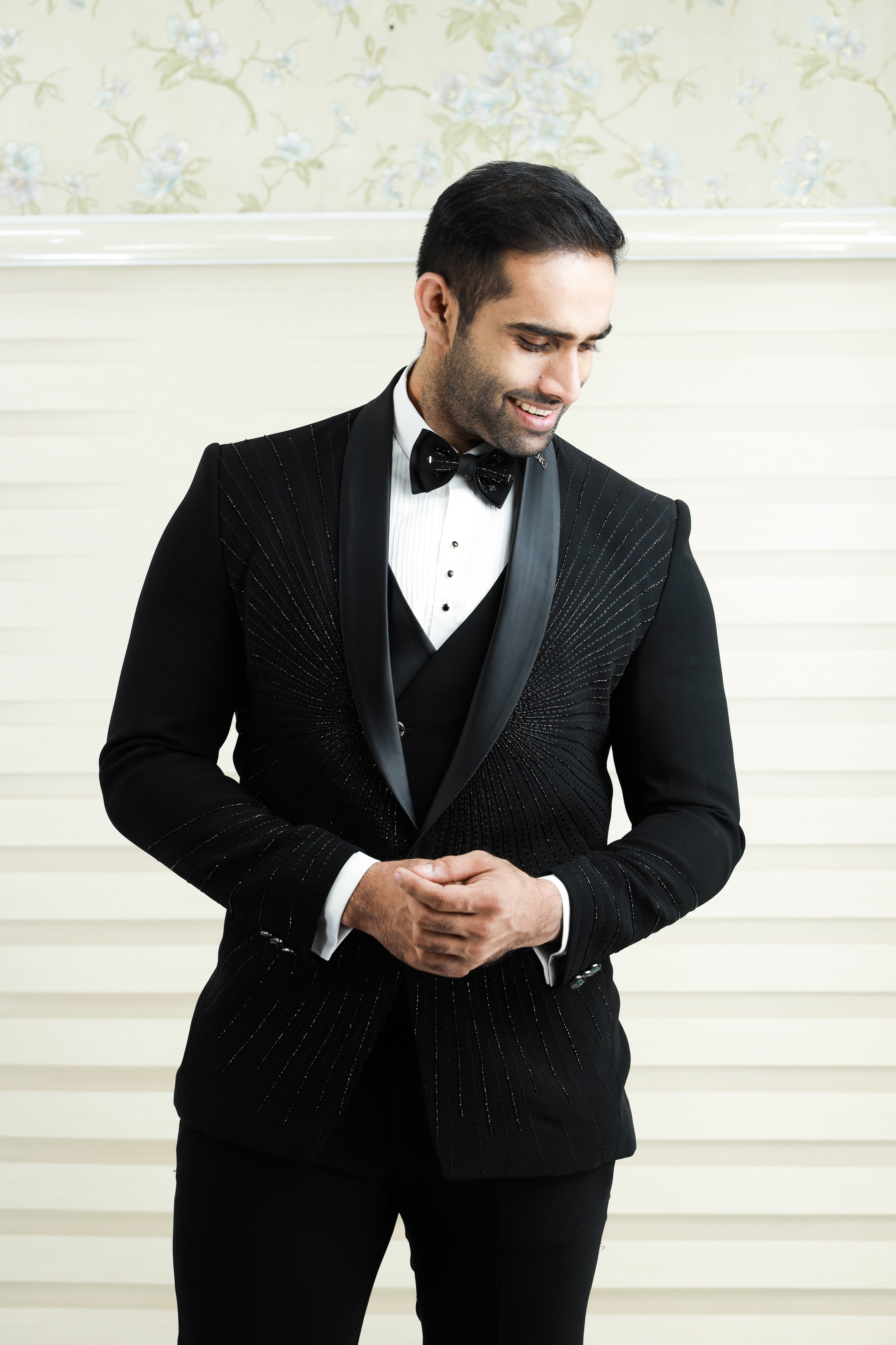 Ink Black 3 Piece Tuxedo Suit With Heavy Handwork Detailing